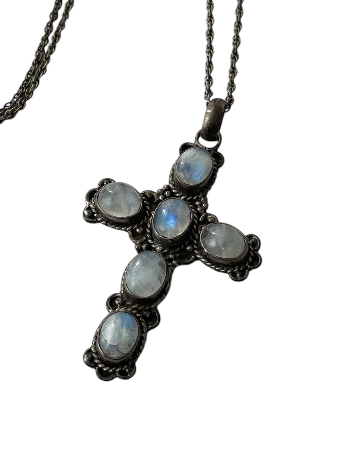 Antique 925 Silver Moonstone Cross Pendant Necklace