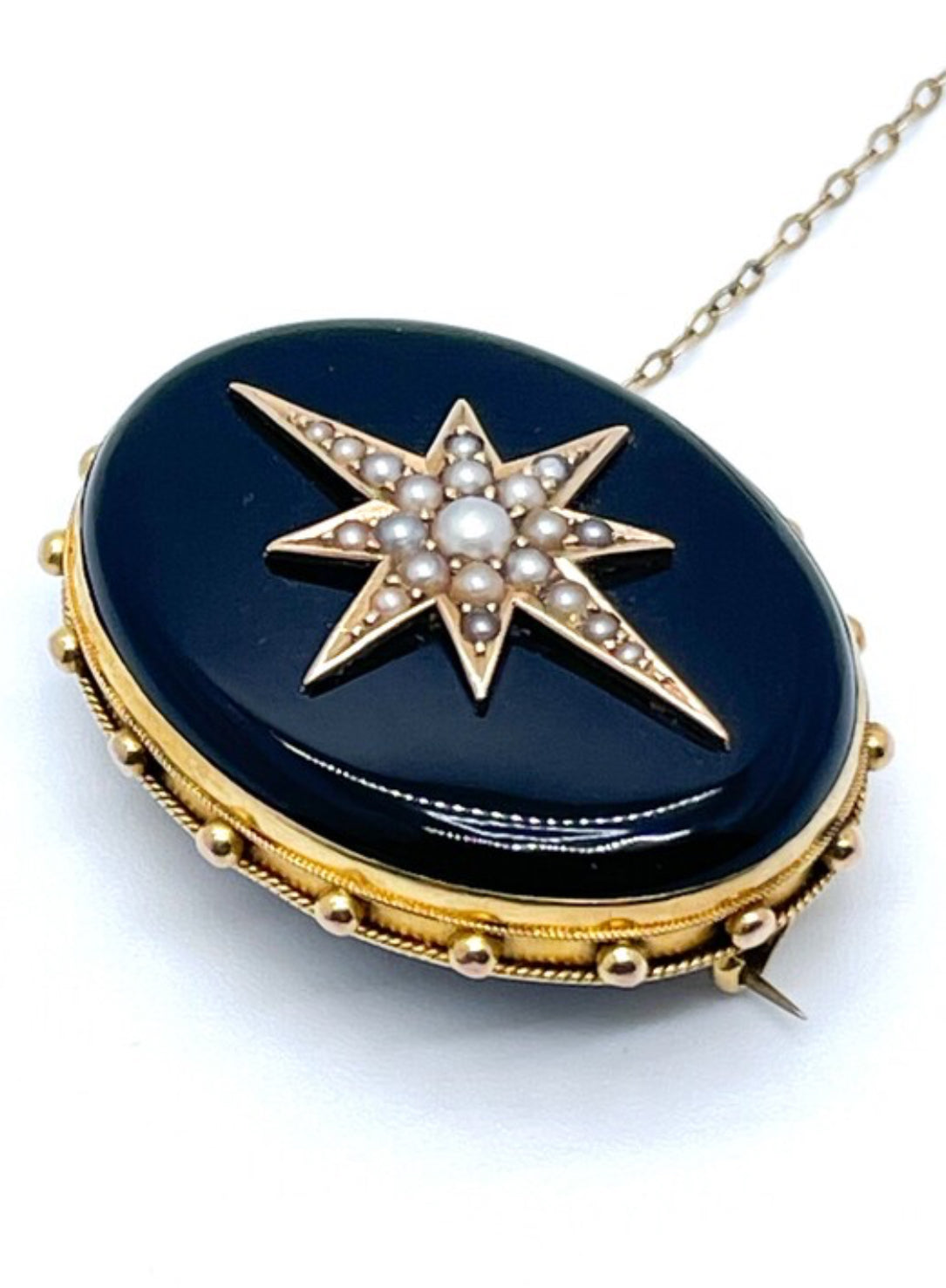 Victorian 15K Gold Onyx & Seed Pearl Star Brooch