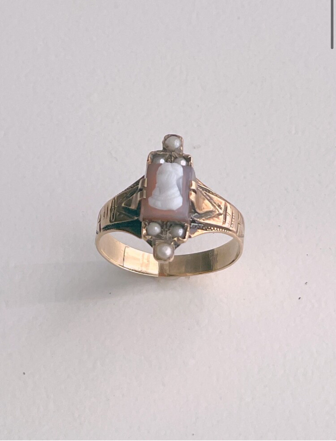 Victorian 14K Gold Cameo & Seed Pearl Engraved Ring