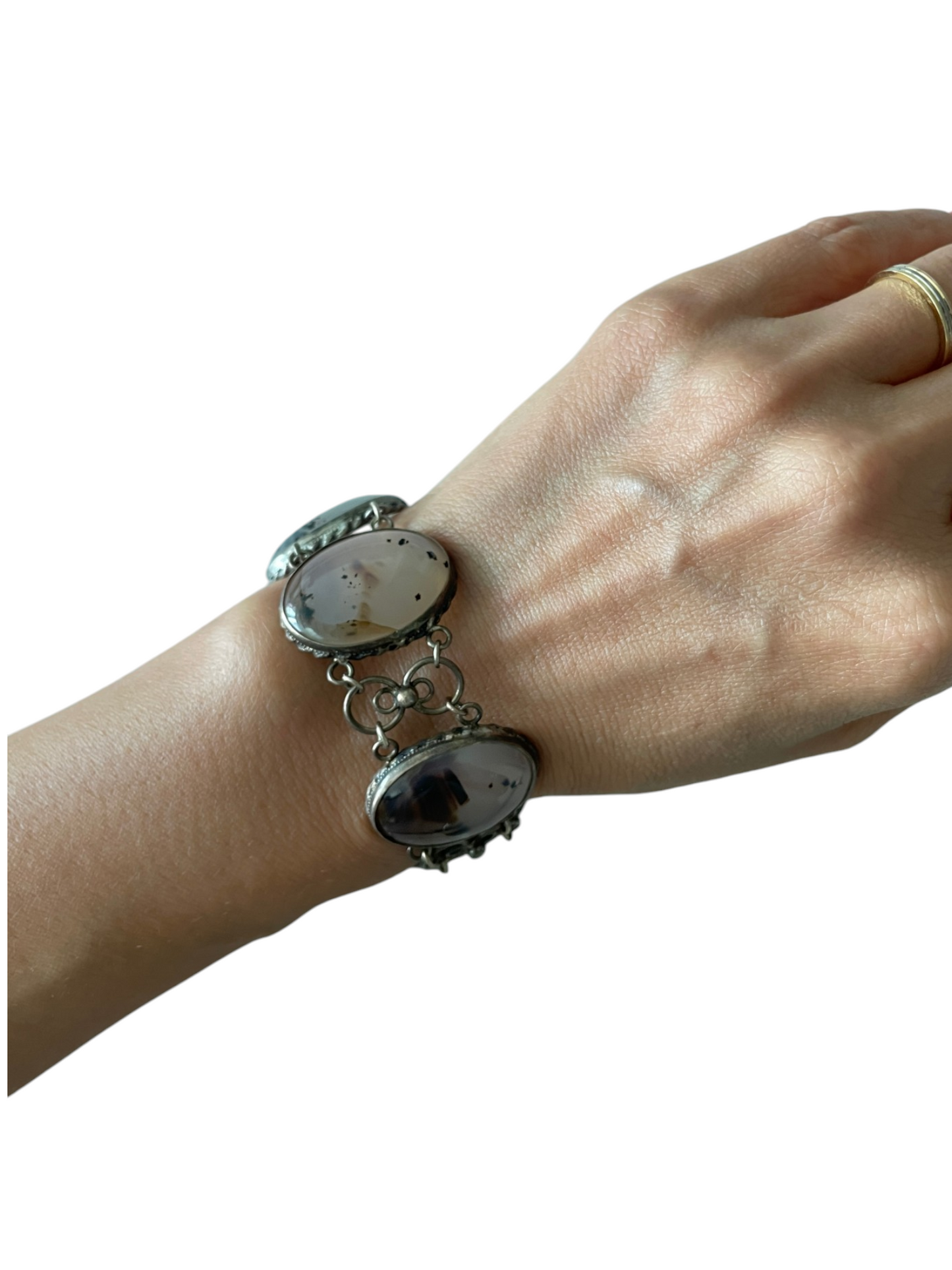 Original 1950s Mid-Century Vintage Natural Moss Agate Bold Cabochon Link Bracelet