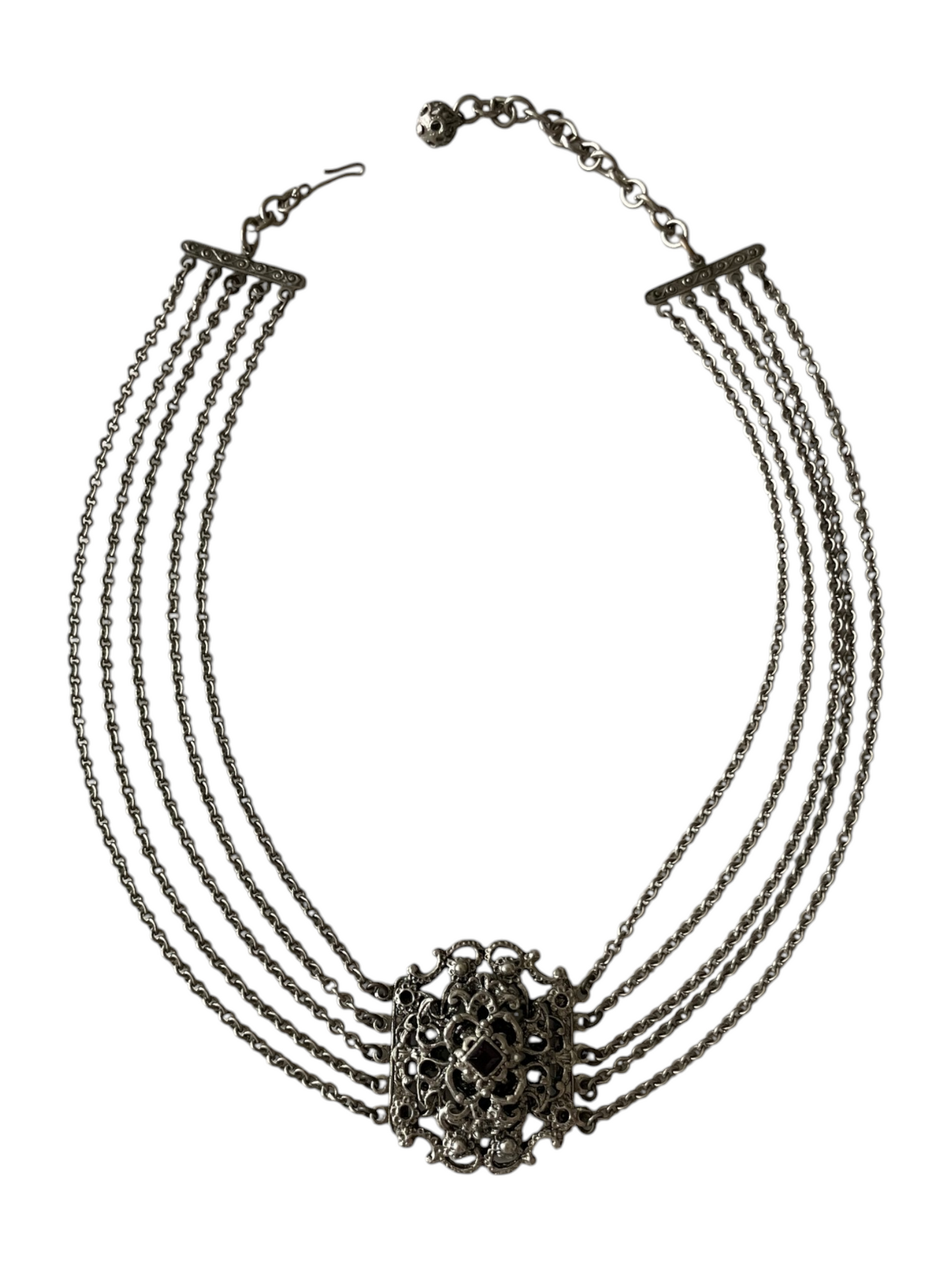 Original 1950s Mid-Century Vintage Renaissance Revival 5-Strand German Silver Garnet Glass Choker Necklace