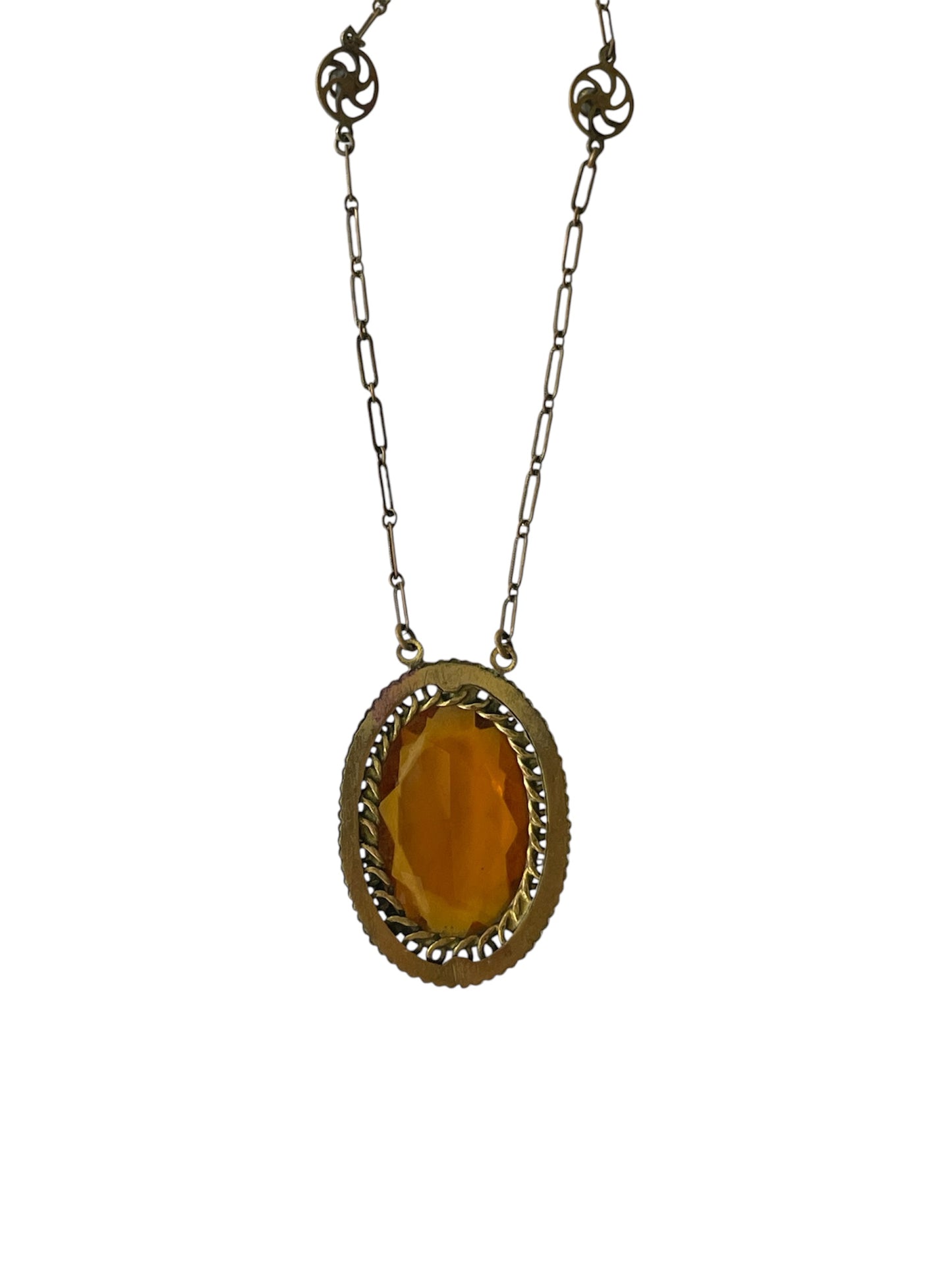 Vintage Czechoslovakian Amber Glass and Gilt Filigree Pendant Necklace