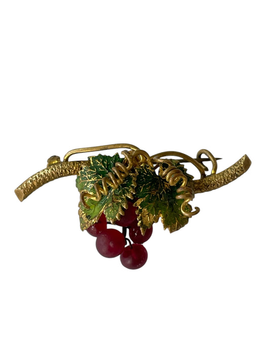 Antique Grapevine Bar Brooch with Frosted Red Grapes c. 1910s-1930s