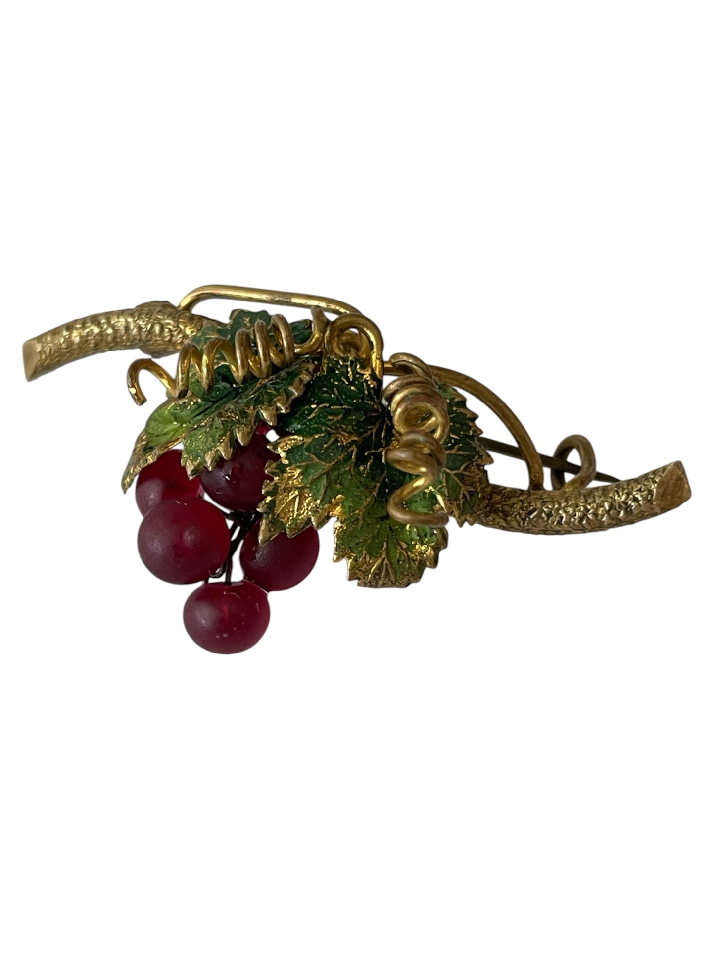 Antique Grapevine Bar Brooch with Frosted Red Grapes c. 1910s-1930s
