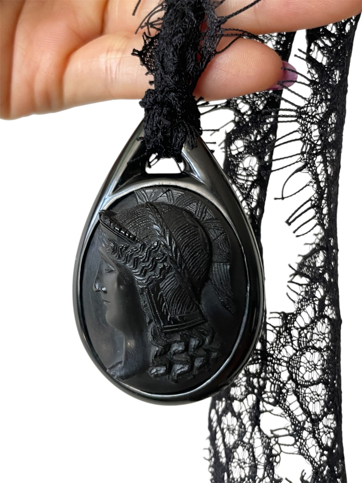 Rare Victorian Vulcanite Athena Tear Drop Cameo Pendant