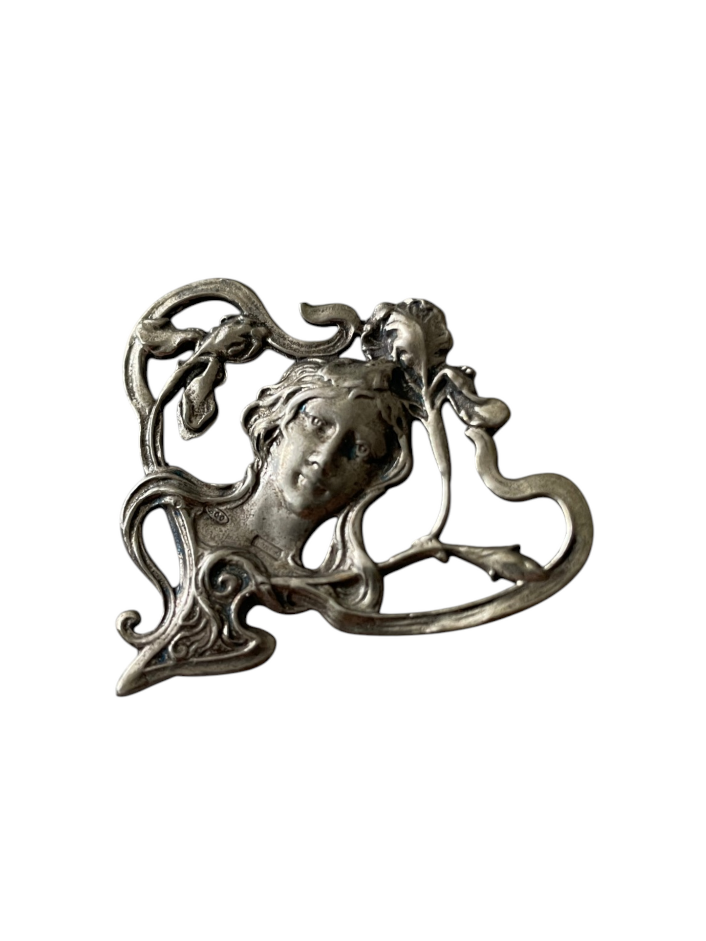 Vintage Art Nouveau Female Motif Silver Brooch
