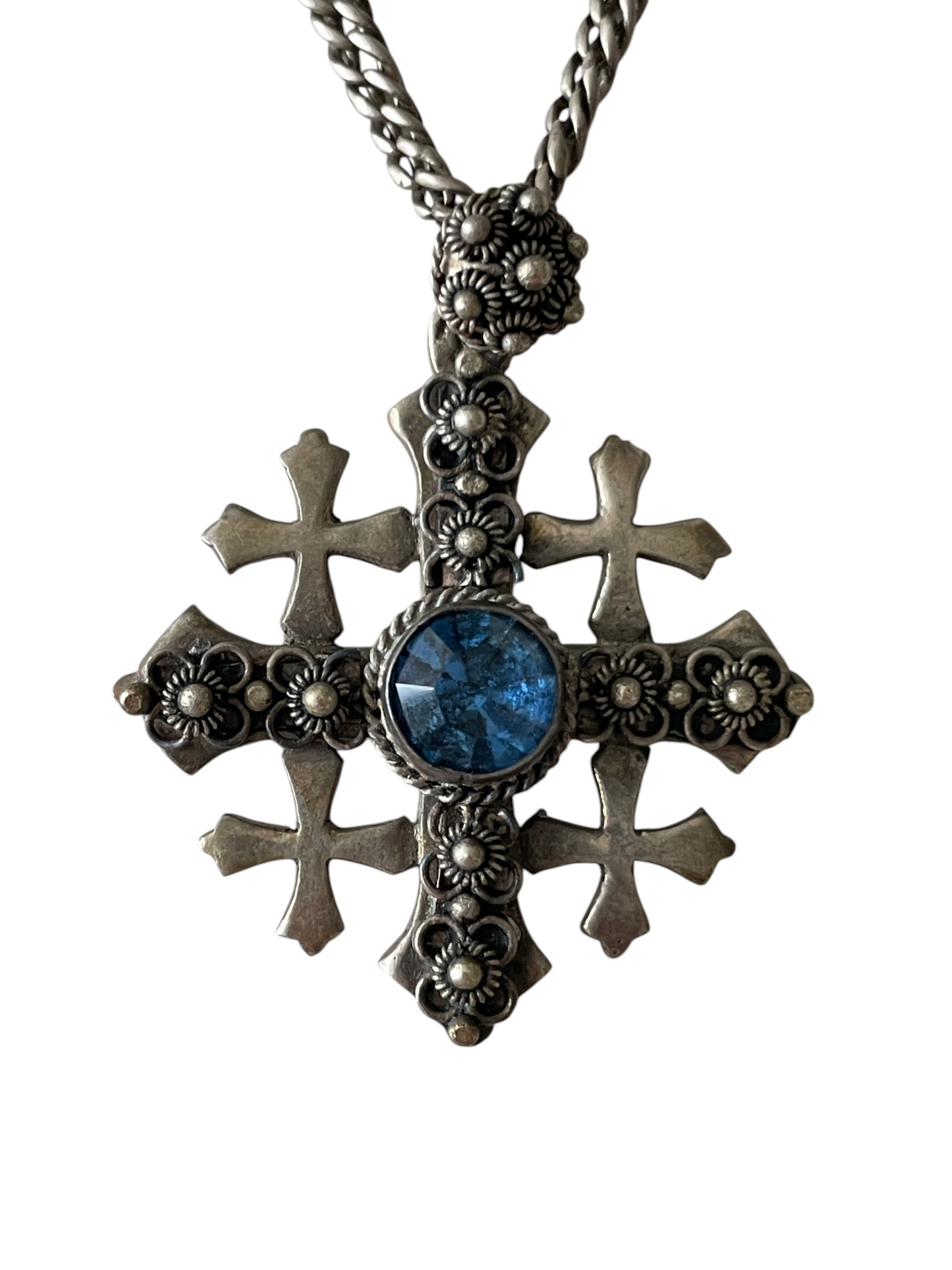 Antique Jerusalem Cross 900 Silver Pendant Necklace