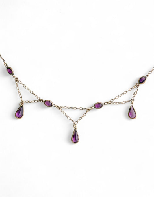 Edwardian Gold-Filled Amethyst Paste Drop Necklace