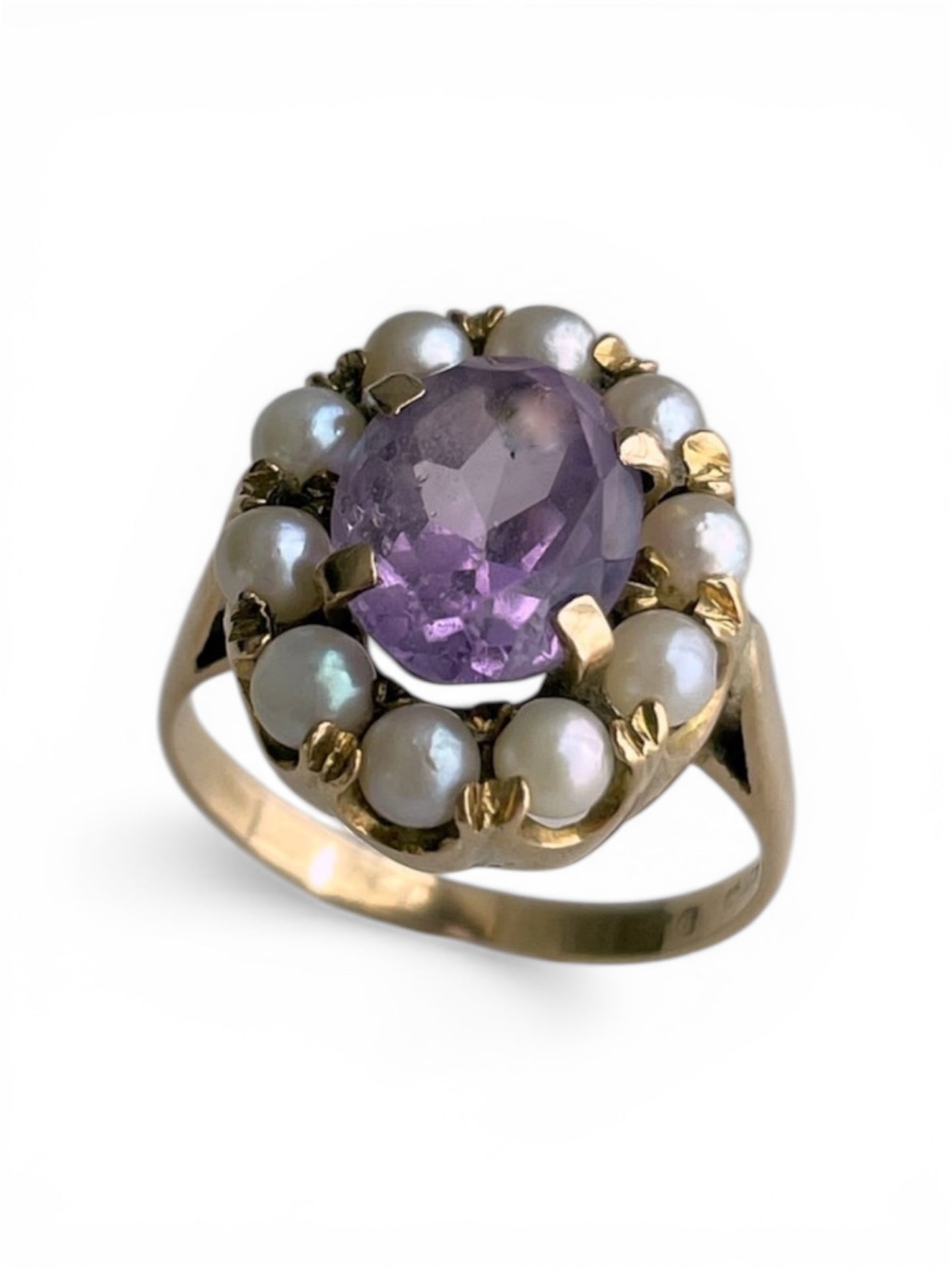 9K Gold Victorian Amethyst & Seed Pearl Cluster Ring