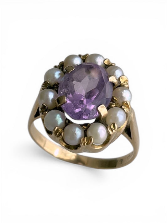 9K Gold Victorian Amethyst & Seed Pearl Cluster Ring