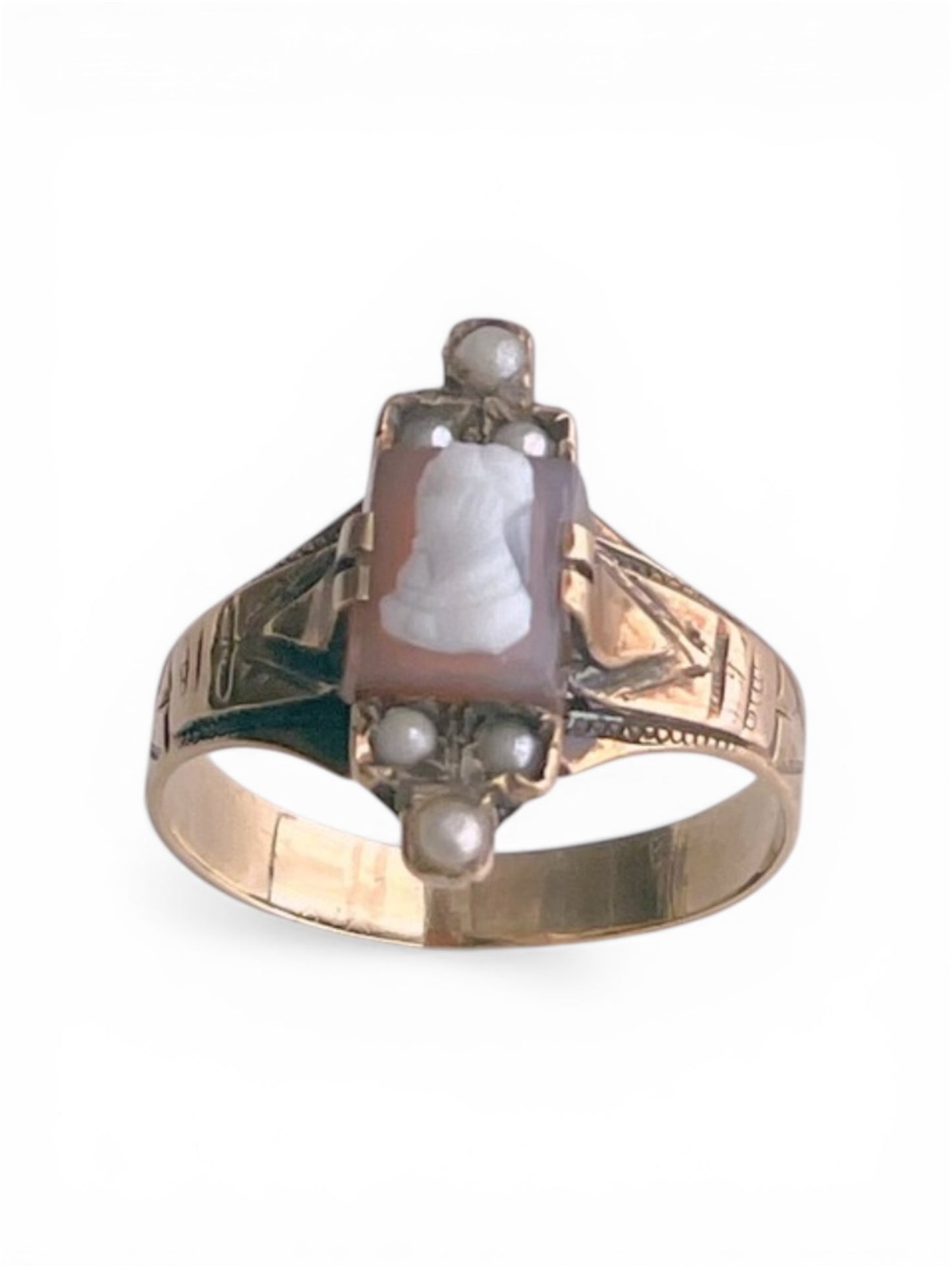 Victorian 14K Gold Cameo & Seed Pearl Engraved Ring