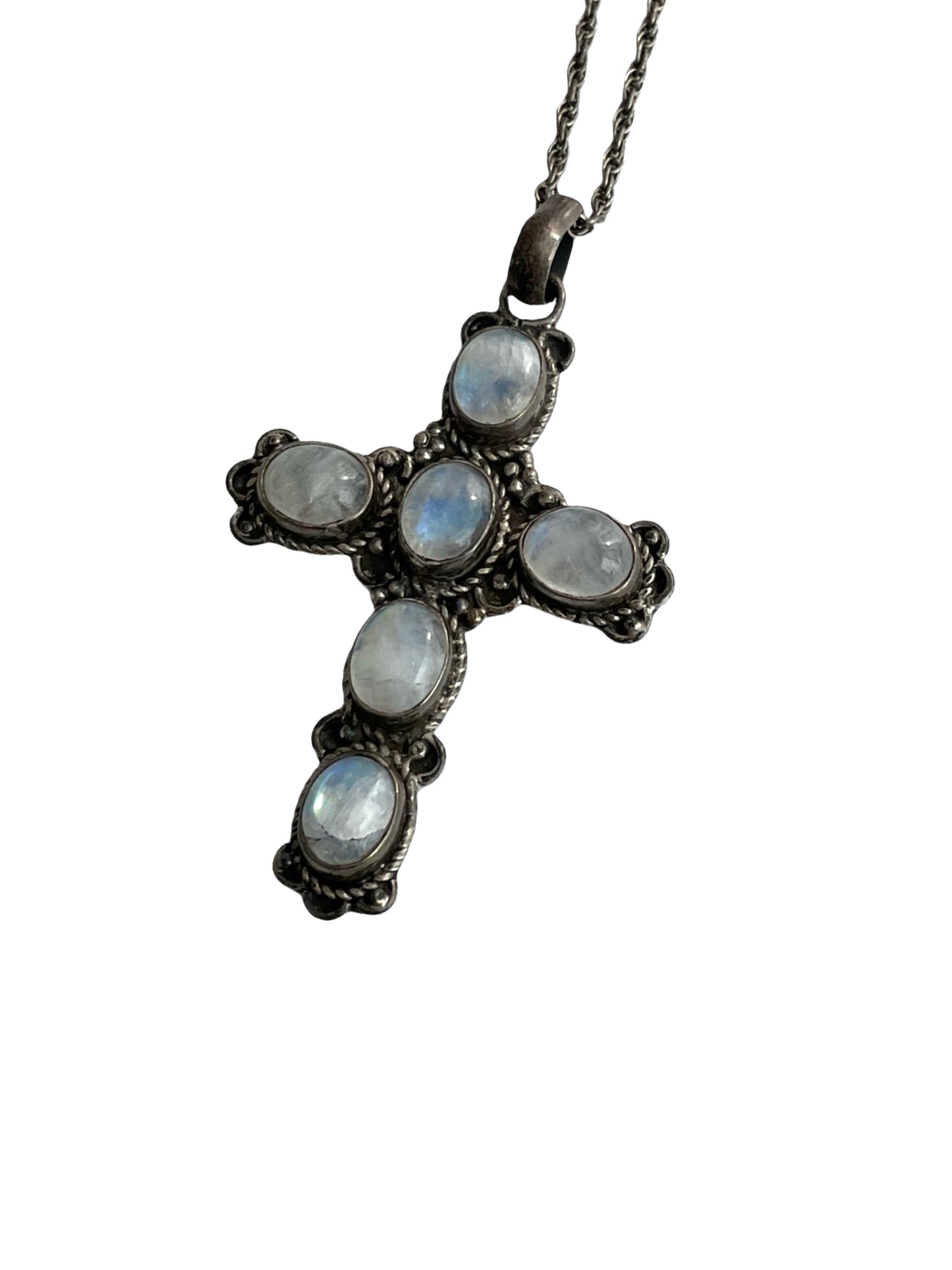 Antique 925 Silver Moonstone Cross Pendant Necklace