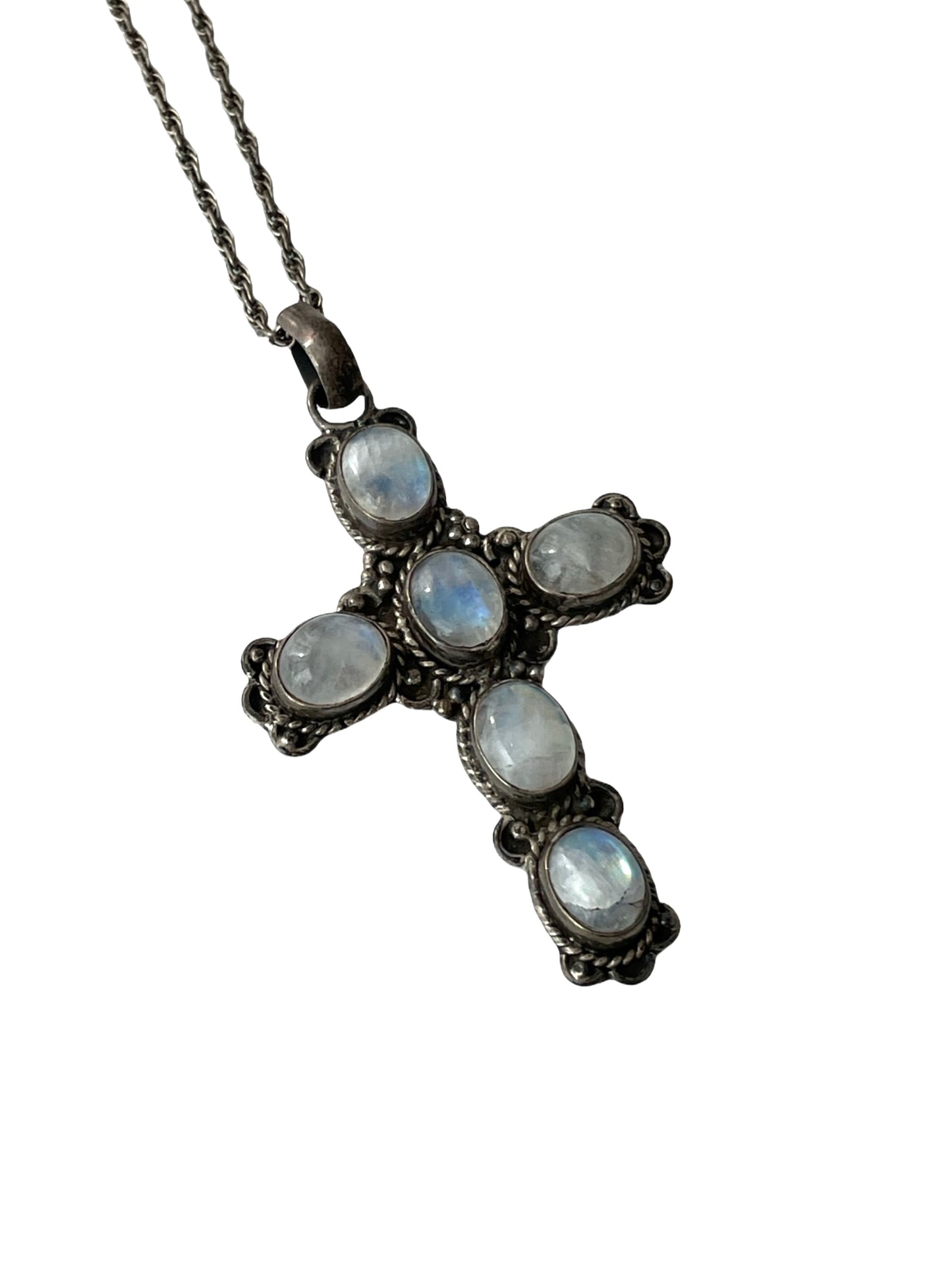 Antique 925 Silver Moonstone Cross Pendant Necklace