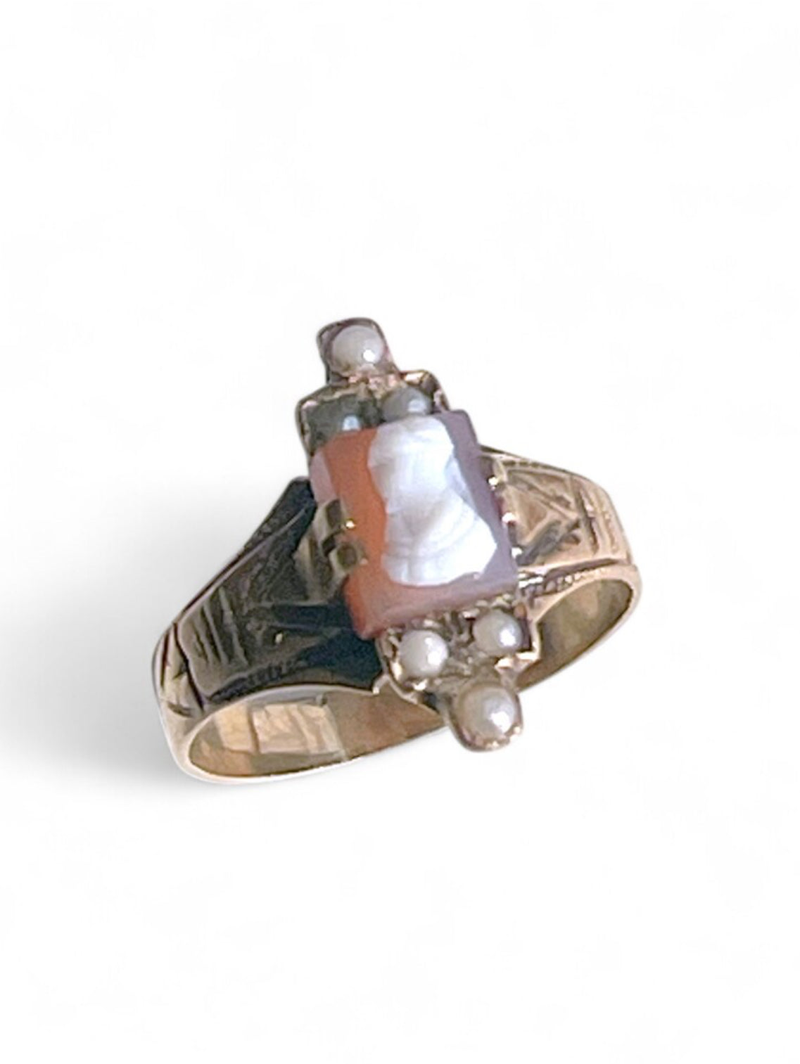 Victorian 14K Gold Cameo & Seed Pearl Engraved Ring