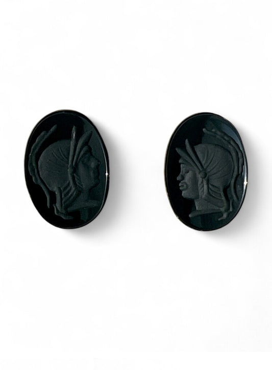 Black Onyx Roman Intaglio Earrings – 14K Vintage Pair