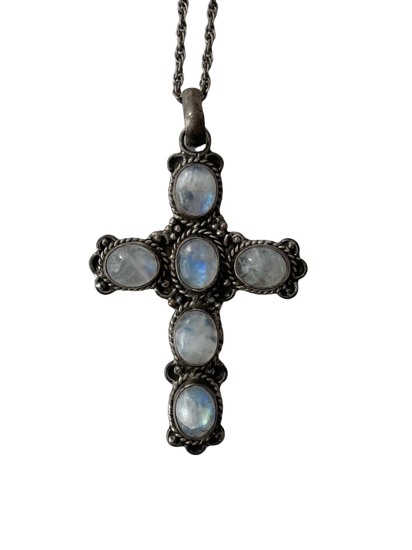 Antique 925 Silver Moonstone Cross Pendant Necklace