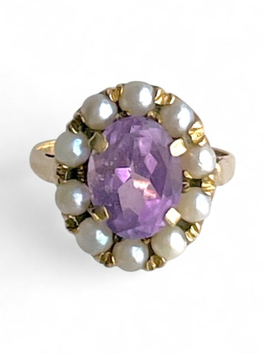 9K Gold Victorian Amethyst & Seed Pearl Cluster Ring