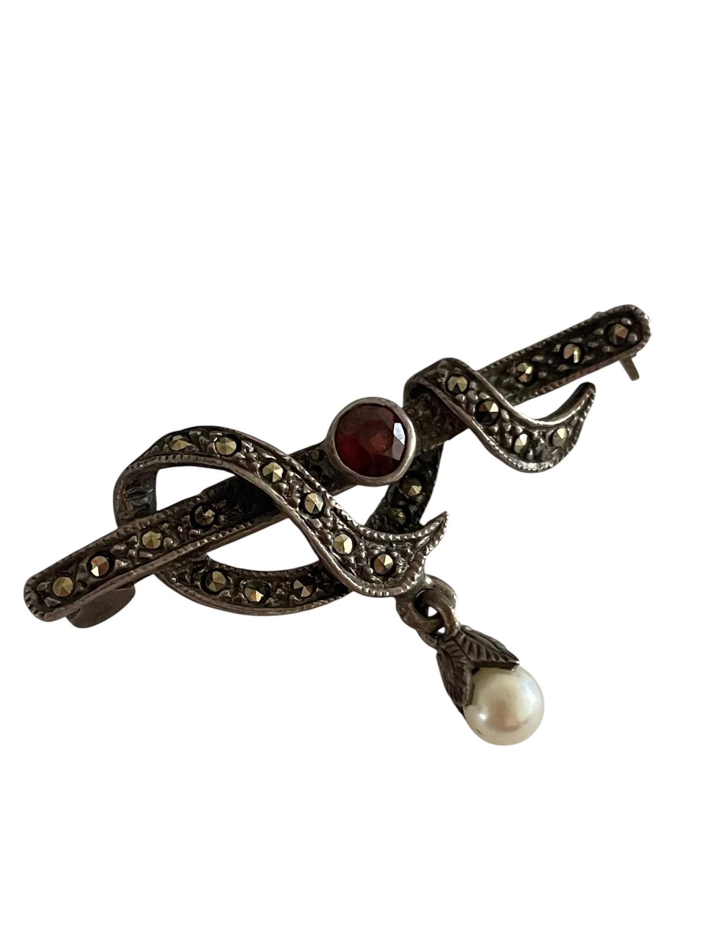 Vintage Sterling Silver Pearl Dangle Brooch