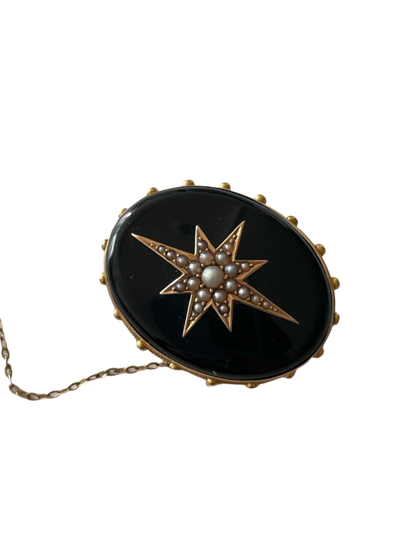 Victorian 15K Gold Onyx & Seed Pearl Star Brooch