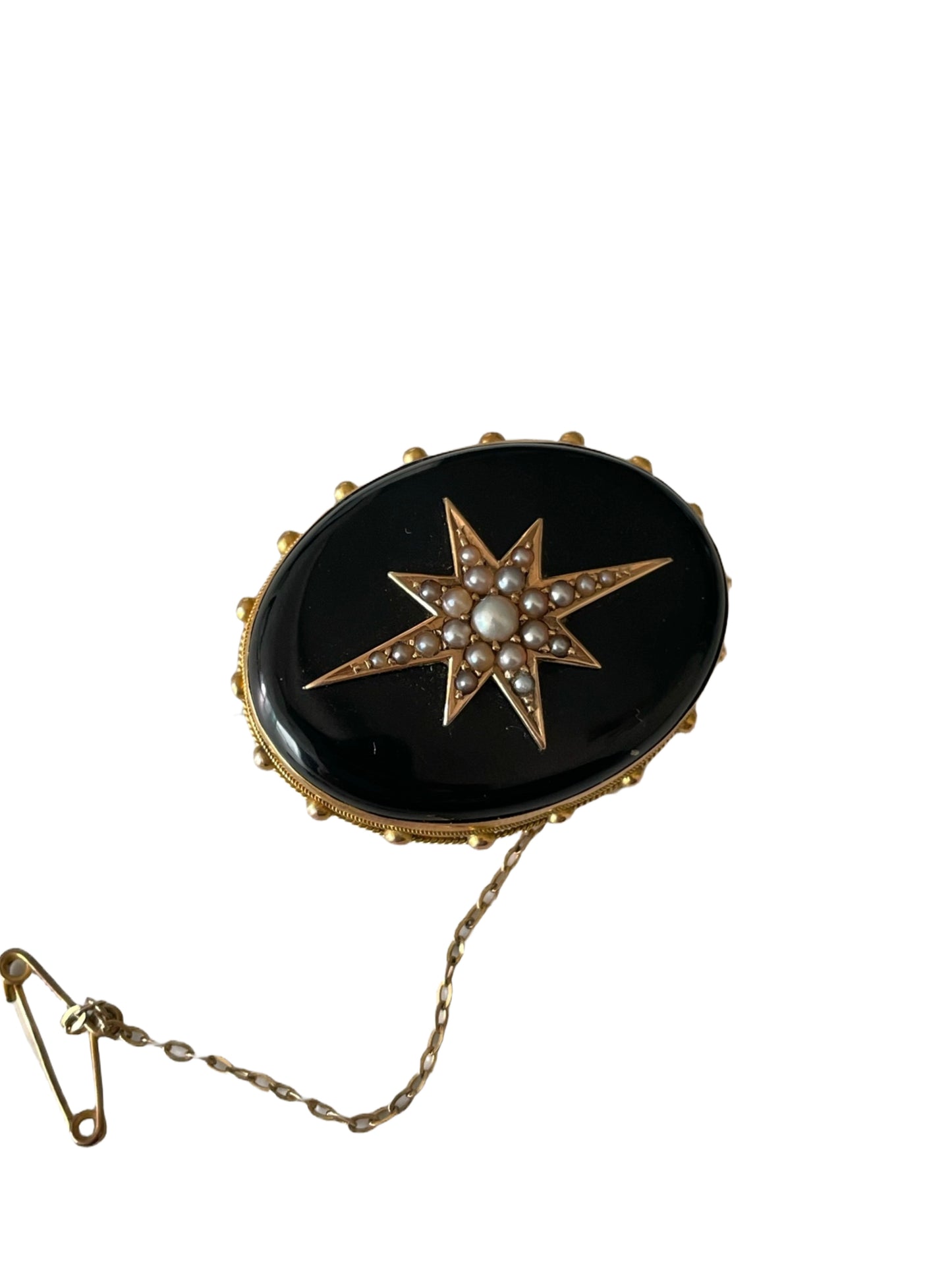 Victorian 15K Gold Onyx & Seed Pearl Star Brooch