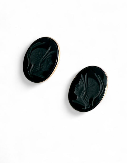 Black Onyx Roman Intaglio Earrings – 14K Vintage Pair