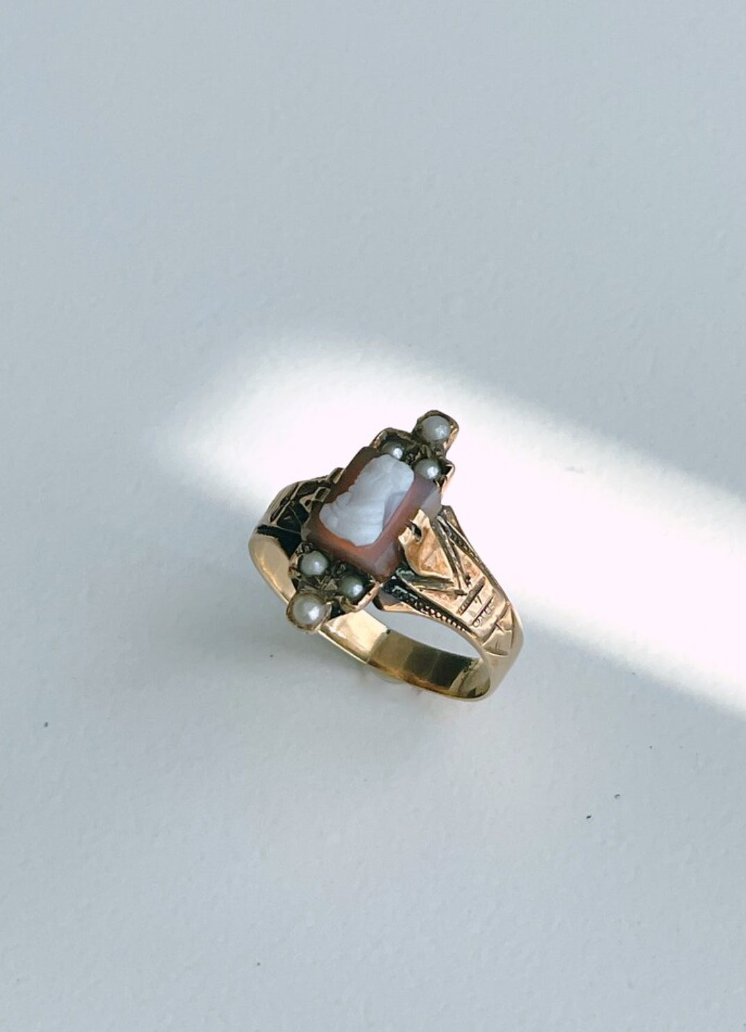 Victorian 14K Gold Cameo & Seed Pearl Engraved Ring