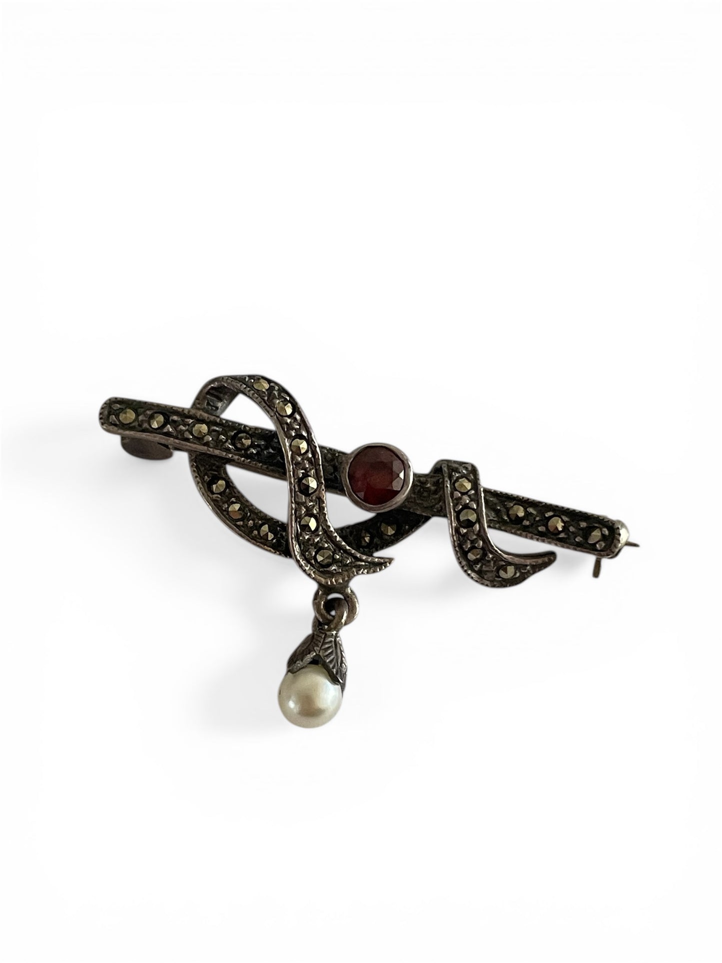 Vintage Sterling Silver Pearl Dangle Brooch