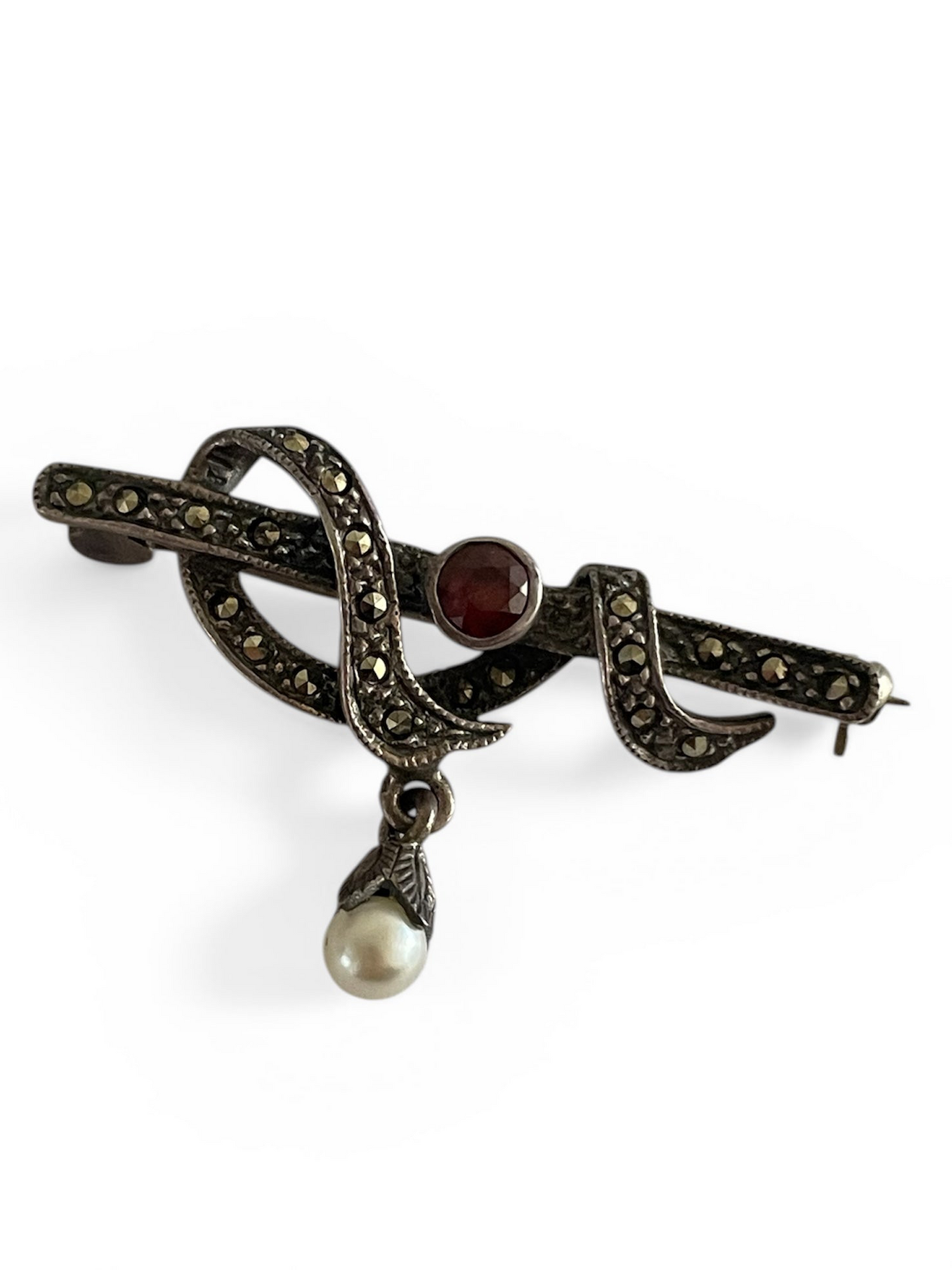 Vintage Sterling Silver Pearl Dangle Brooch