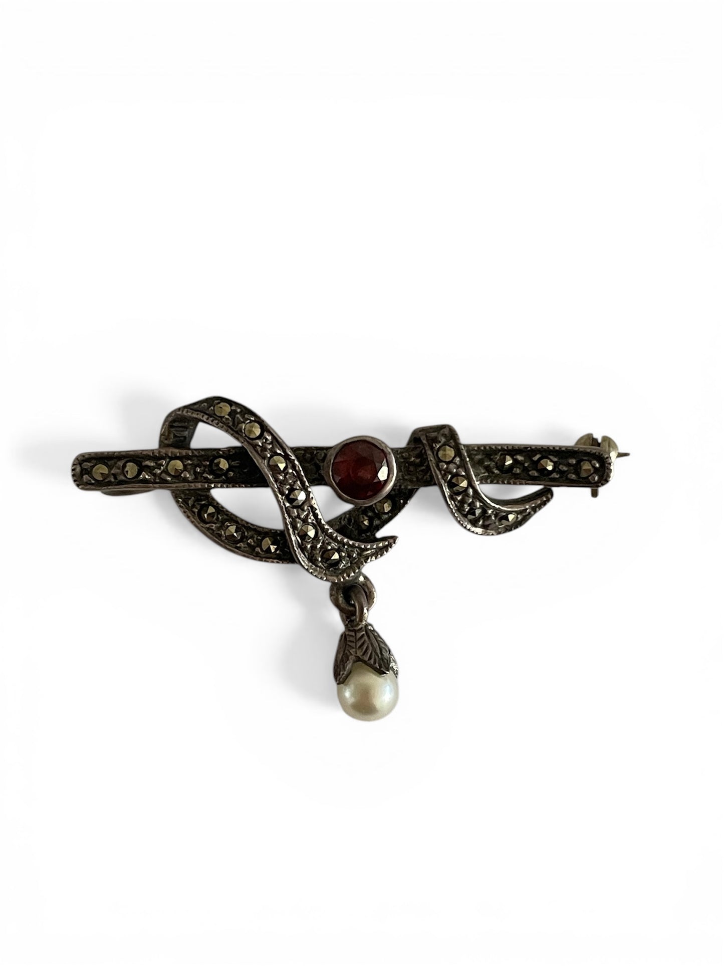Vintage Sterling Silver Pearl Dangle Brooch