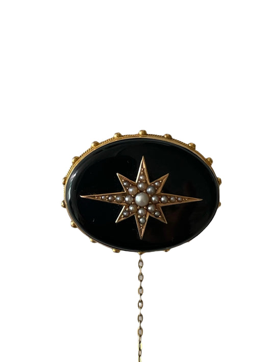 Victorian 15K Gold Onyx & Seed Pearl Star Brooch