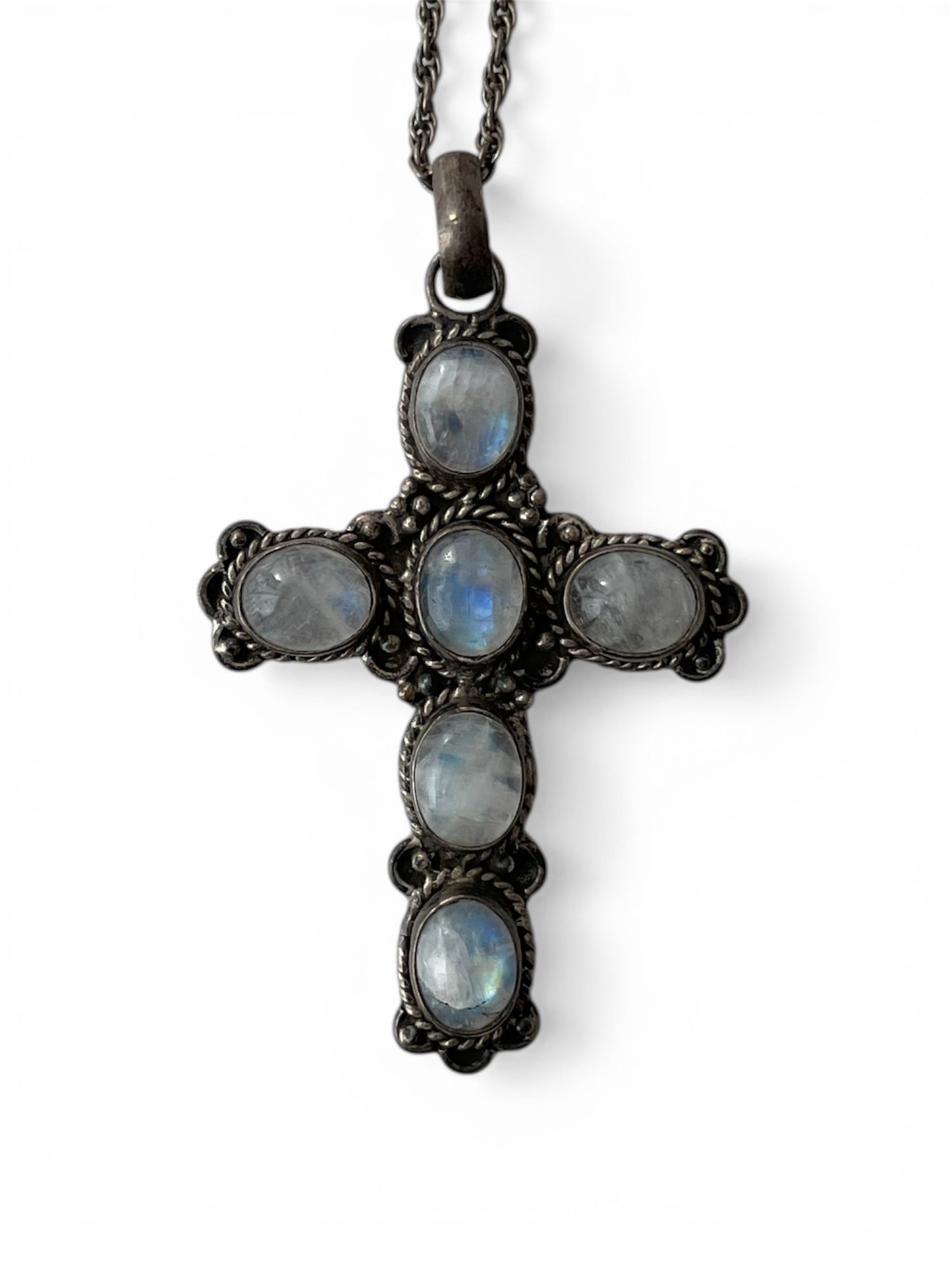 Antique 925 Silver Moonstone Cross Pendant Necklace