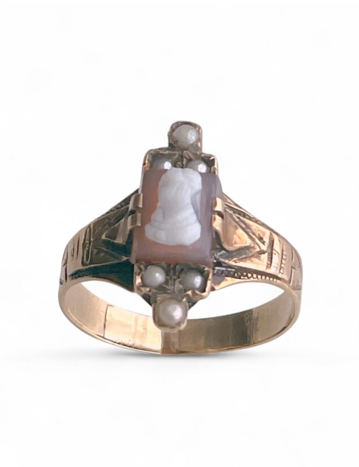 Victorian 14K Gold Cameo & Seed Pearl Engraved Ring