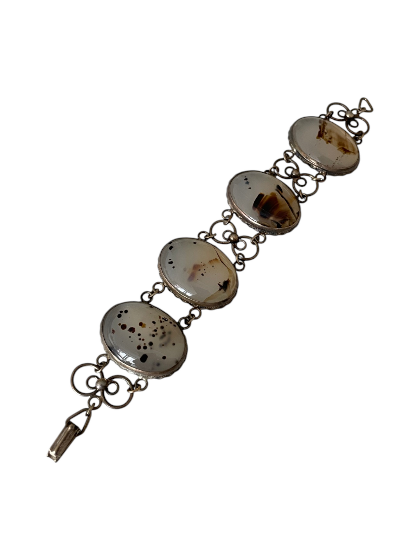 Original 1950s Mid-Century Vintage Natural Moss Agate Bold Cabochon Link Bracelet