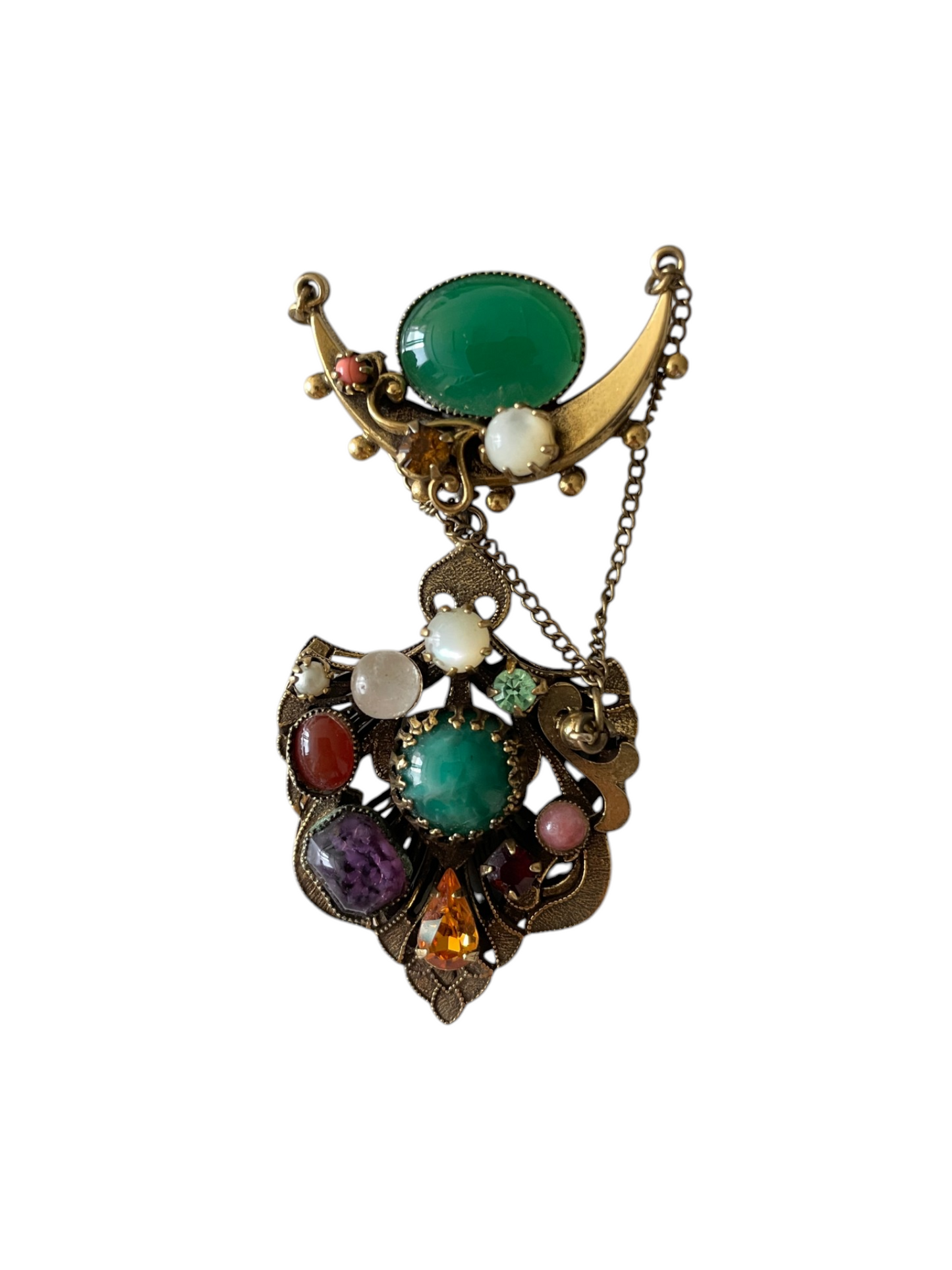 Original 1950s Vintage Austro-Hungarian Revival Multi-Gemstone Cabochon Crescent Moon Shield Drop Brooch