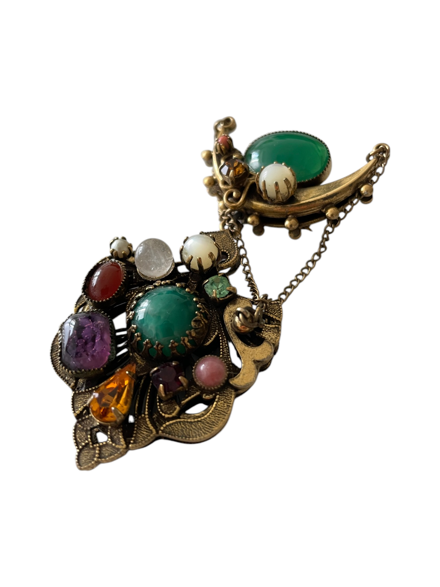 Original 1950s Vintage Austro-Hungarian Revival Multi-Gemstone Cabochon Crescent Moon Shield Drop Brooch