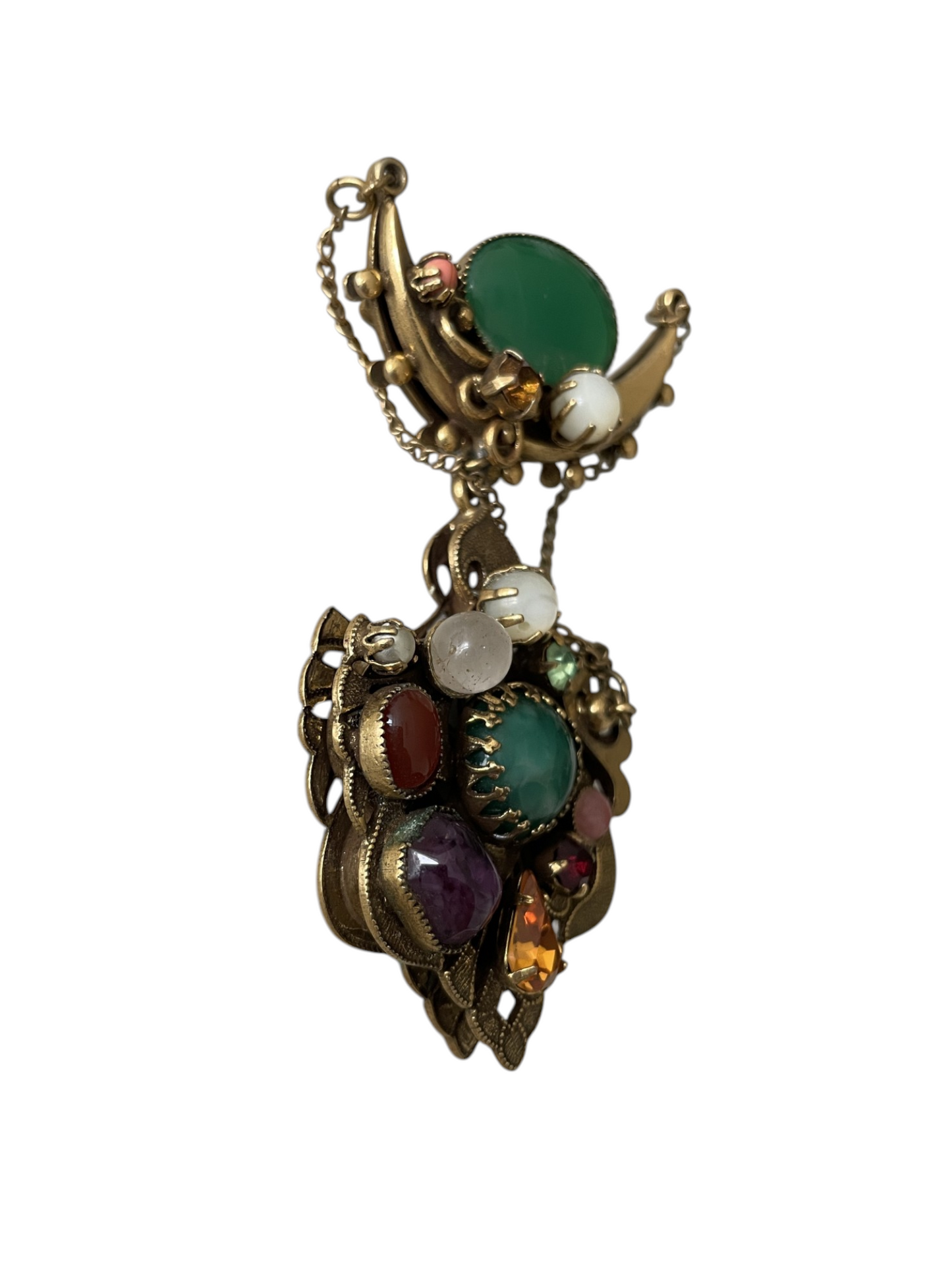 Original 1950s Vintage Austro-Hungarian Revival Multi-Gemstone Cabochon Crescent Moon Shield Drop Brooch