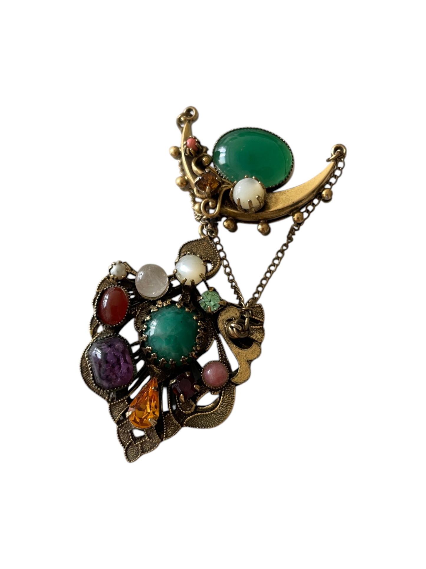 Original 1950s Vintage Austro-Hungarian Revival Multi-Gemstone Cabochon Crescent Moon Shield Drop Brooch