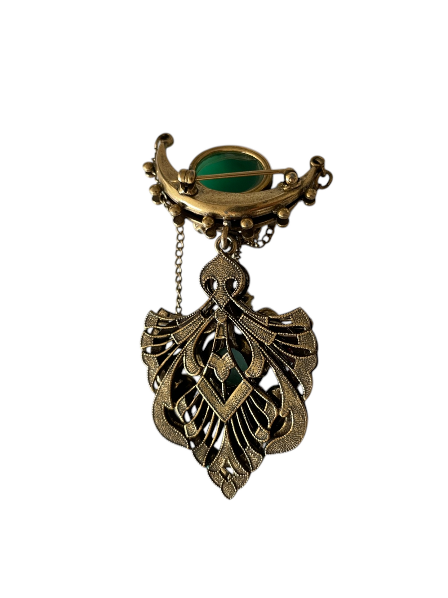 Original 1950s Vintage Austro-Hungarian Revival Multi-Gemstone Cabochon Crescent Moon Shield Drop Brooch