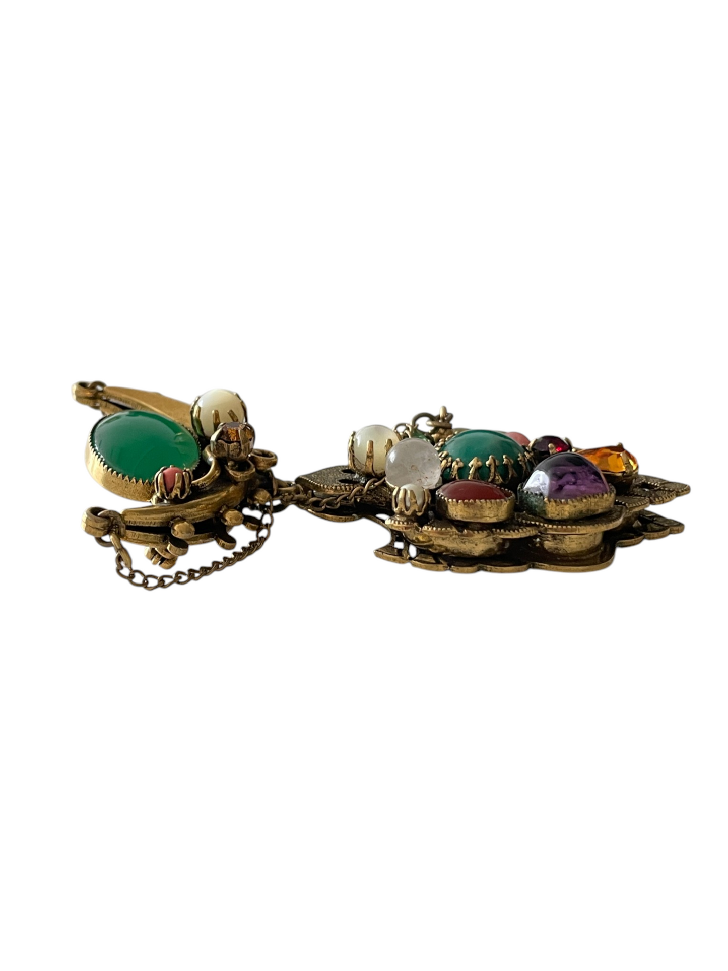 Original 1950s Vintage Austro-Hungarian Revival Multi-Gemstone Cabochon Crescent Moon Shield Drop Brooch