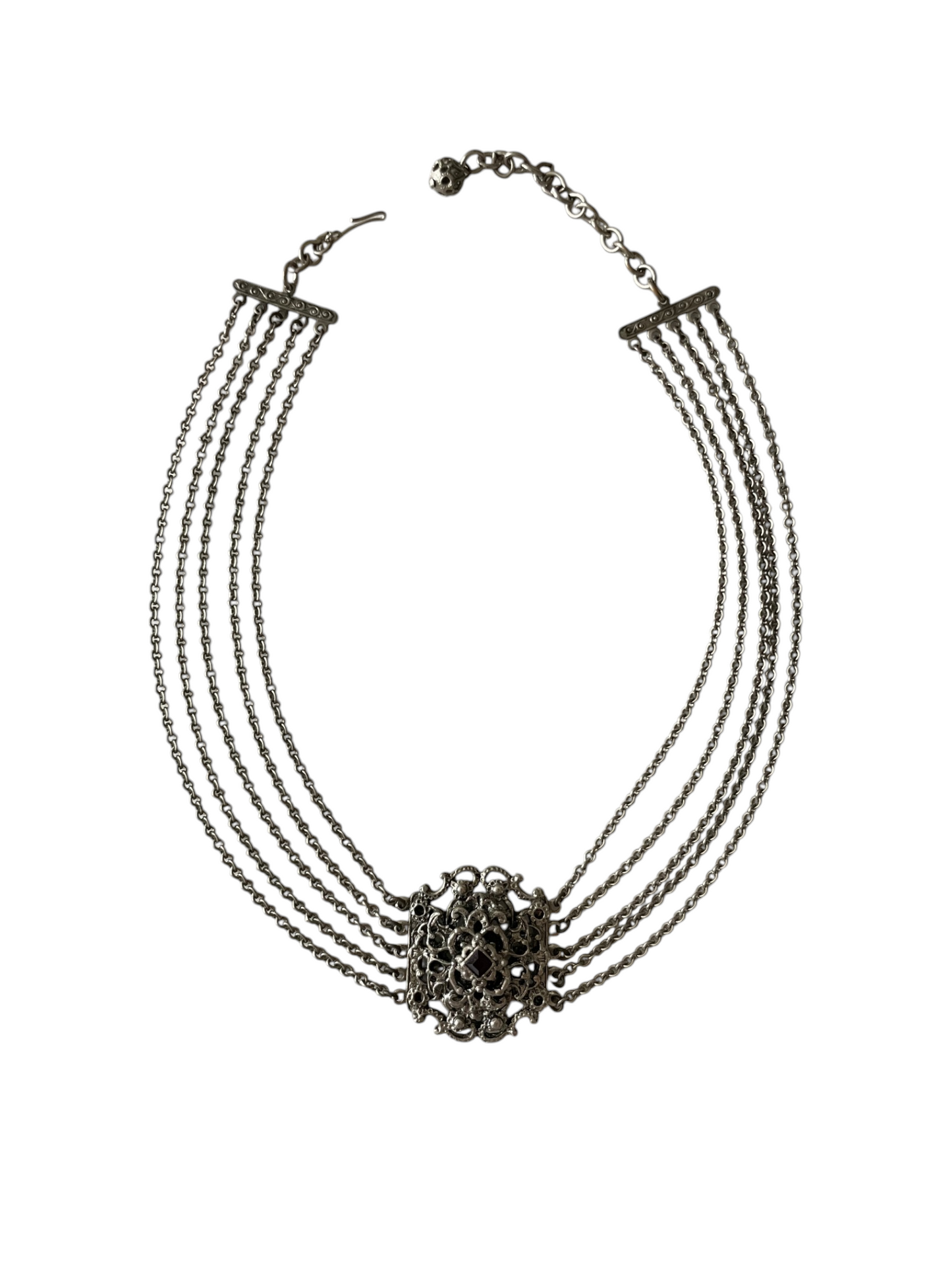 Original 1950s Mid-Century Vintage Renaissance Revival 5-Strand German Silver Garnet Glass Choker Necklace