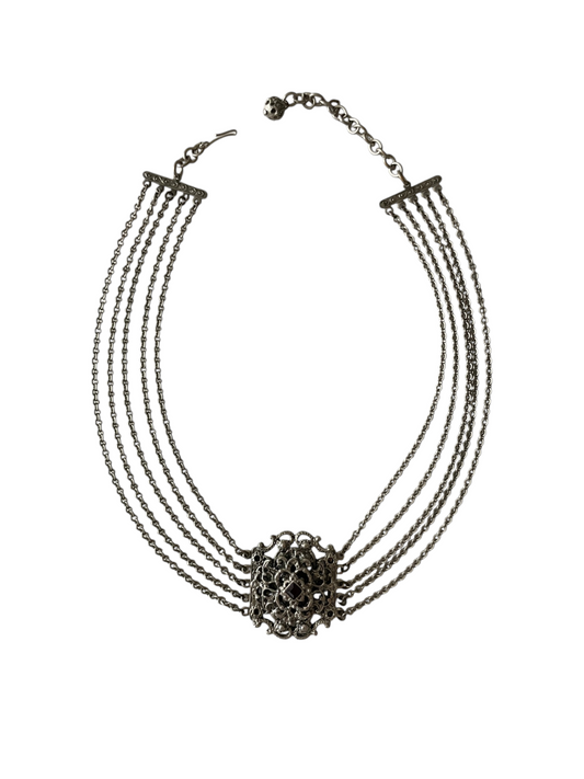 Original 1950s Mid-Century Vintage Renaissance Revival 5-Strand German Silver Garnet Glass Choker Necklace