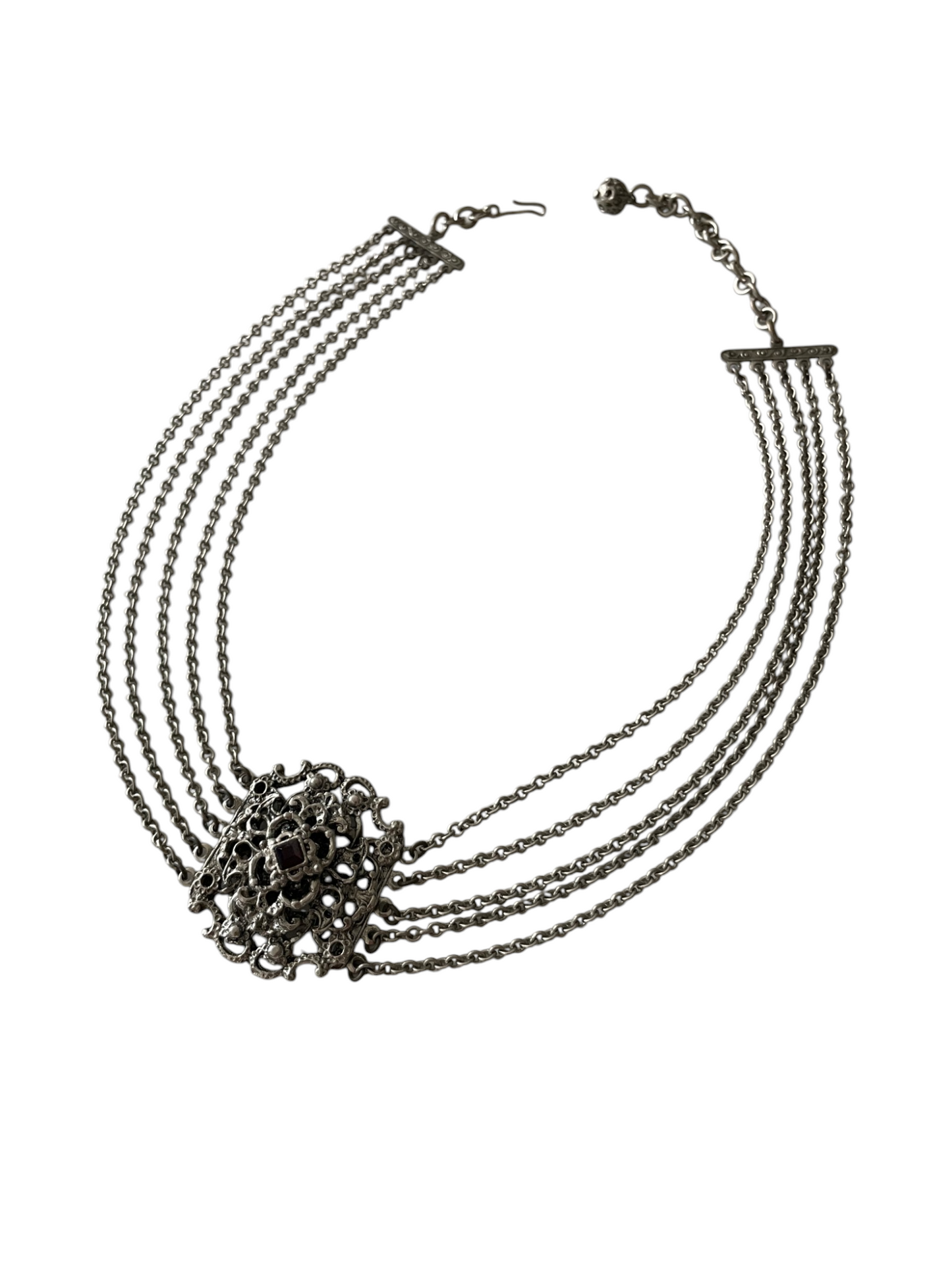 Original 1950s Mid-Century Vintage Renaissance Revival 5-Strand German Silver Garnet Glass Choker Necklace