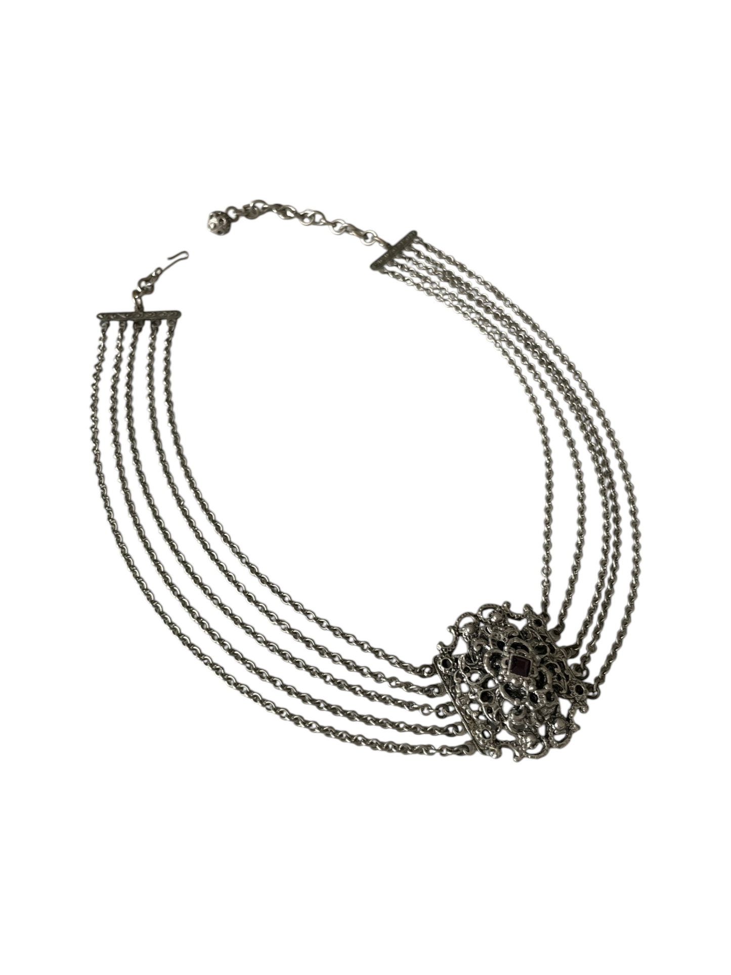 Original 1950s Mid-Century Vintage Renaissance Revival 5-Strand German Silver Garnet Glass Choker Necklace