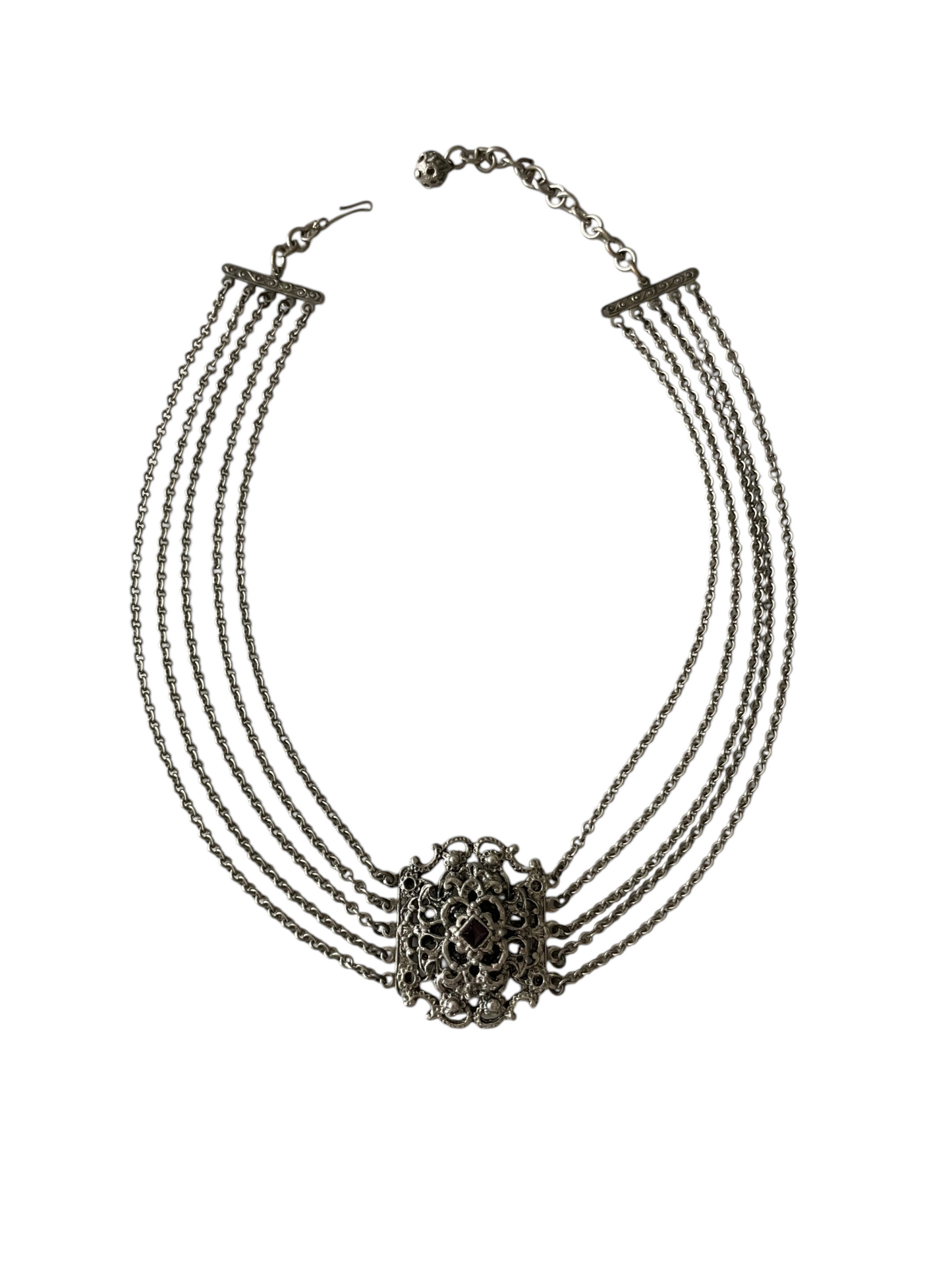 Original 1950s Mid-Century Vintage Renaissance Revival 5-Strand German Silver Garnet Glass Choker Necklace