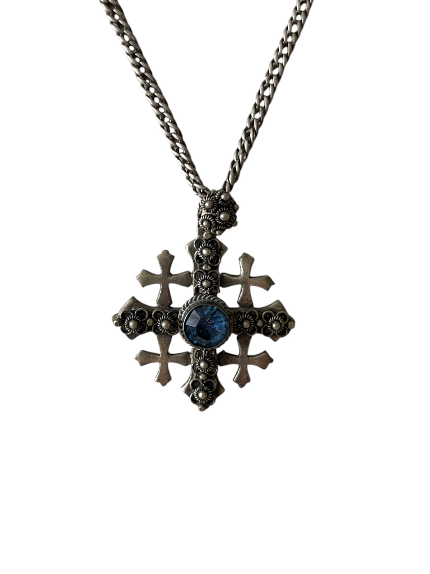 Antique Jerusalem Cross 900 Silver Pendant Necklace