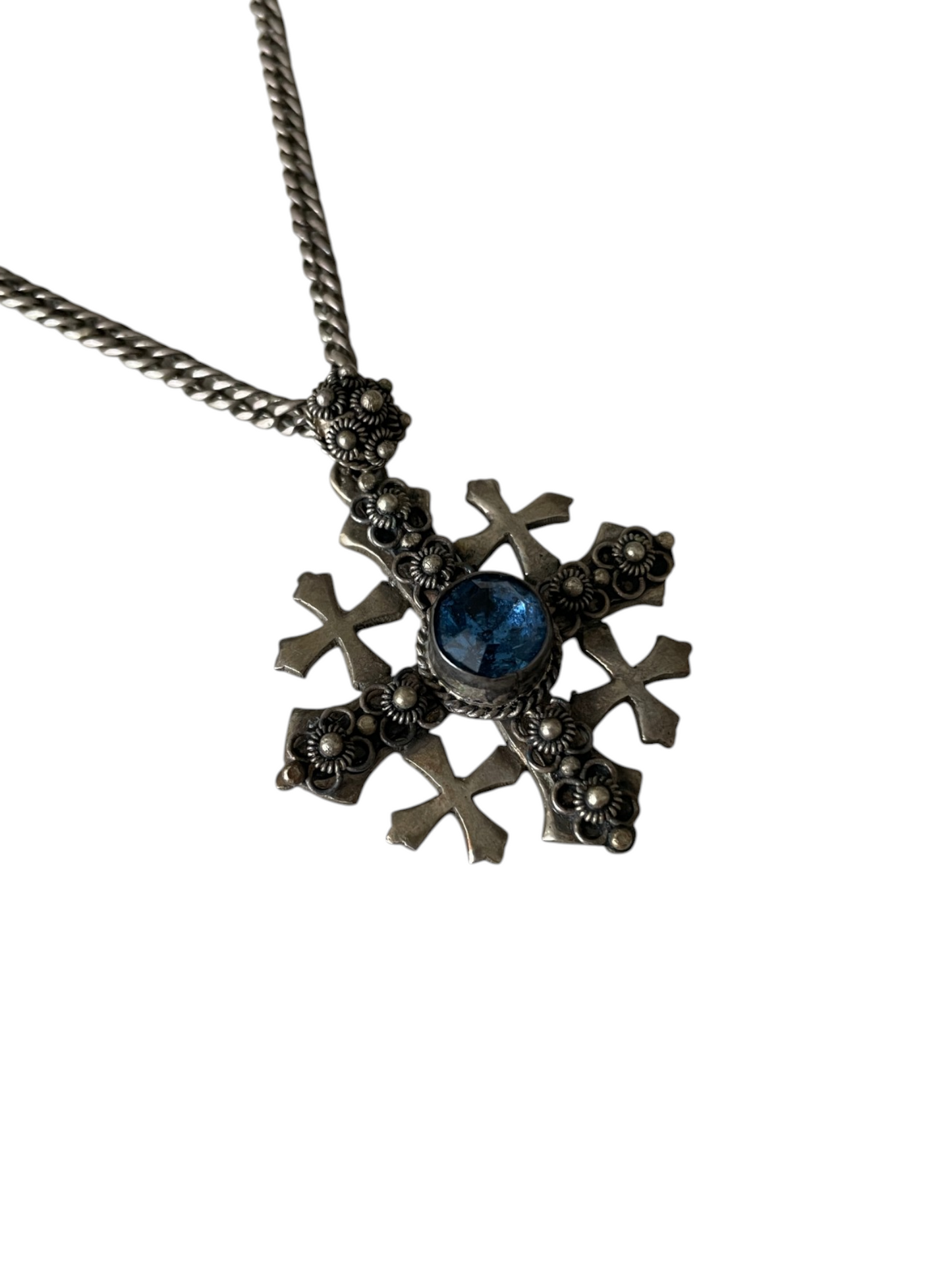 Antique Jerusalem Cross 900 Silver Pendant Necklace
