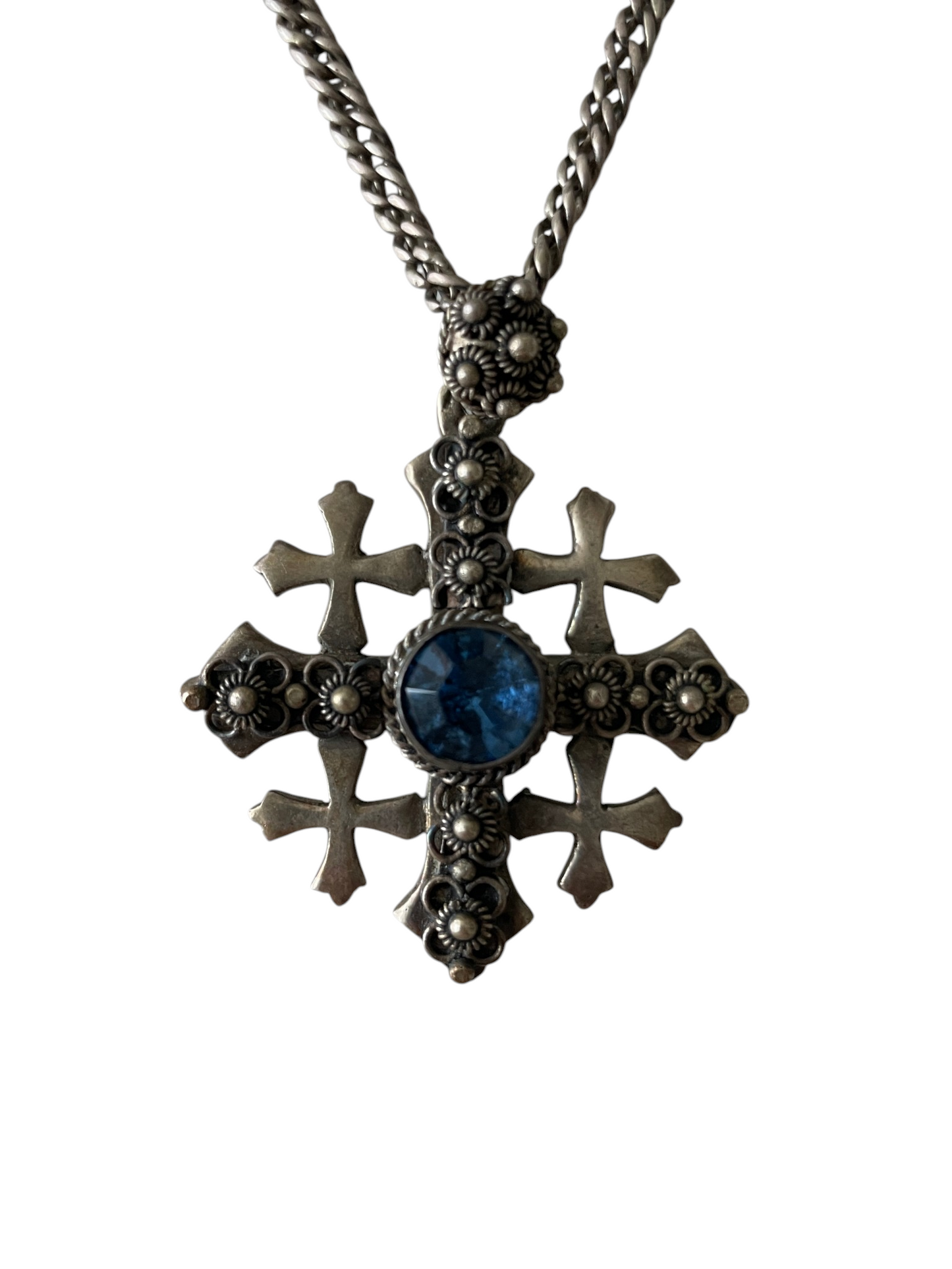 Antique Jerusalem Cross 900 Silver Pendant Necklace