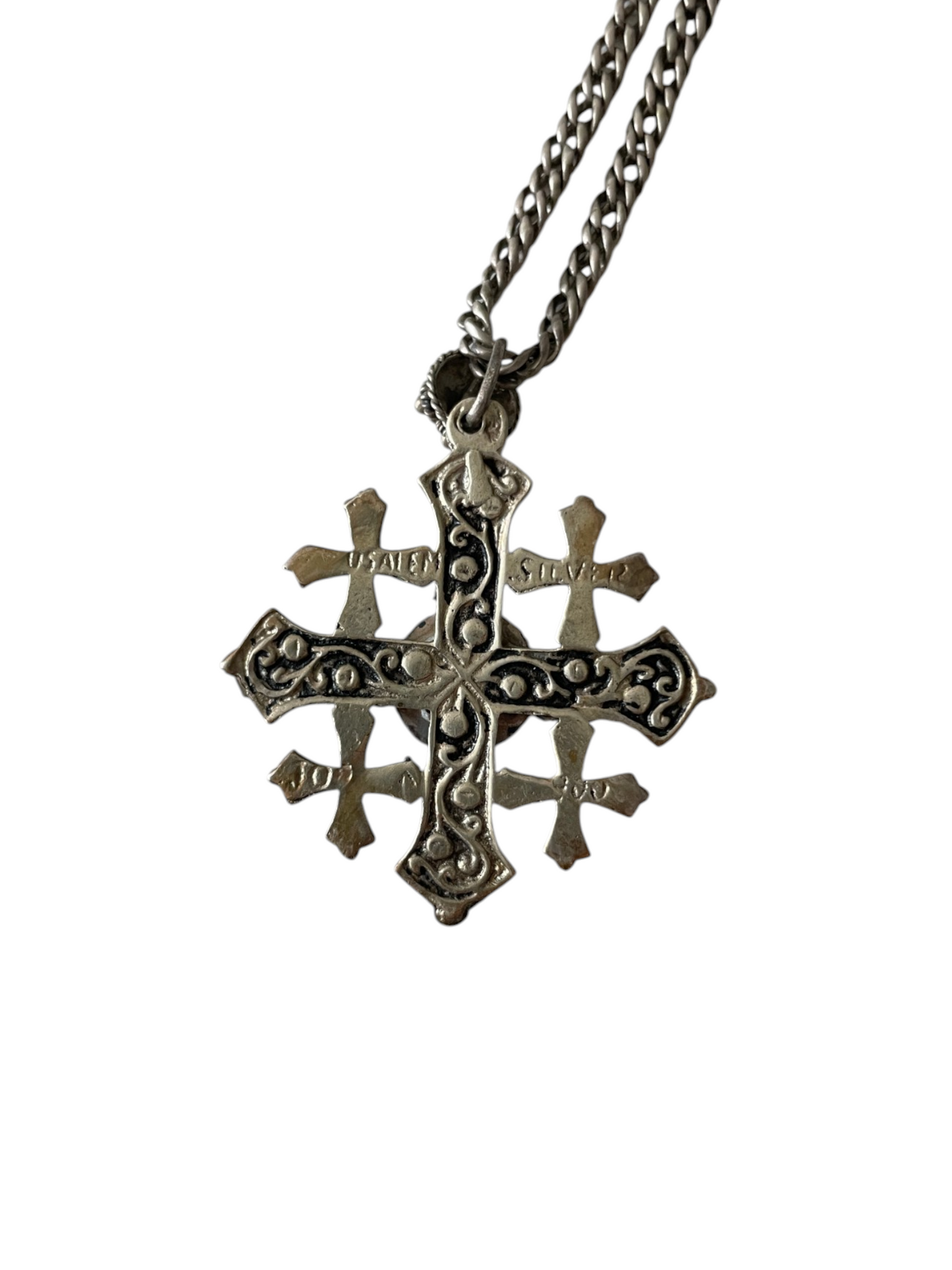Antique Jerusalem Cross 900 Silver Pendant Necklace