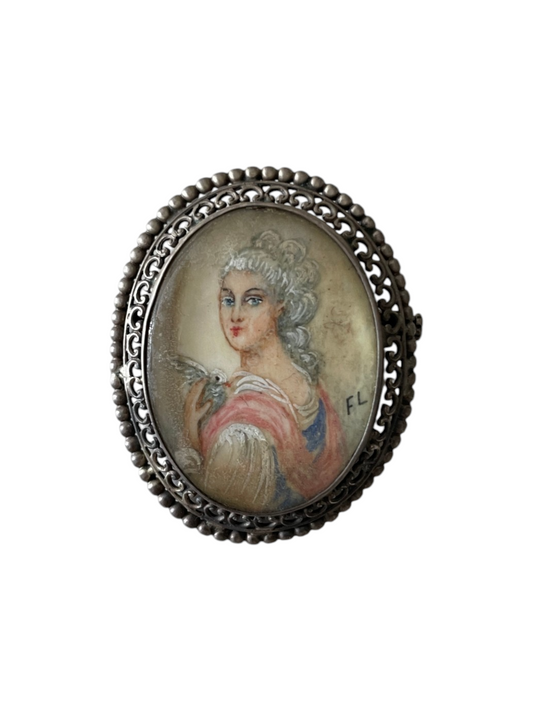 Antique 19th Century Hand-Painted Portrait Miniature Brooch