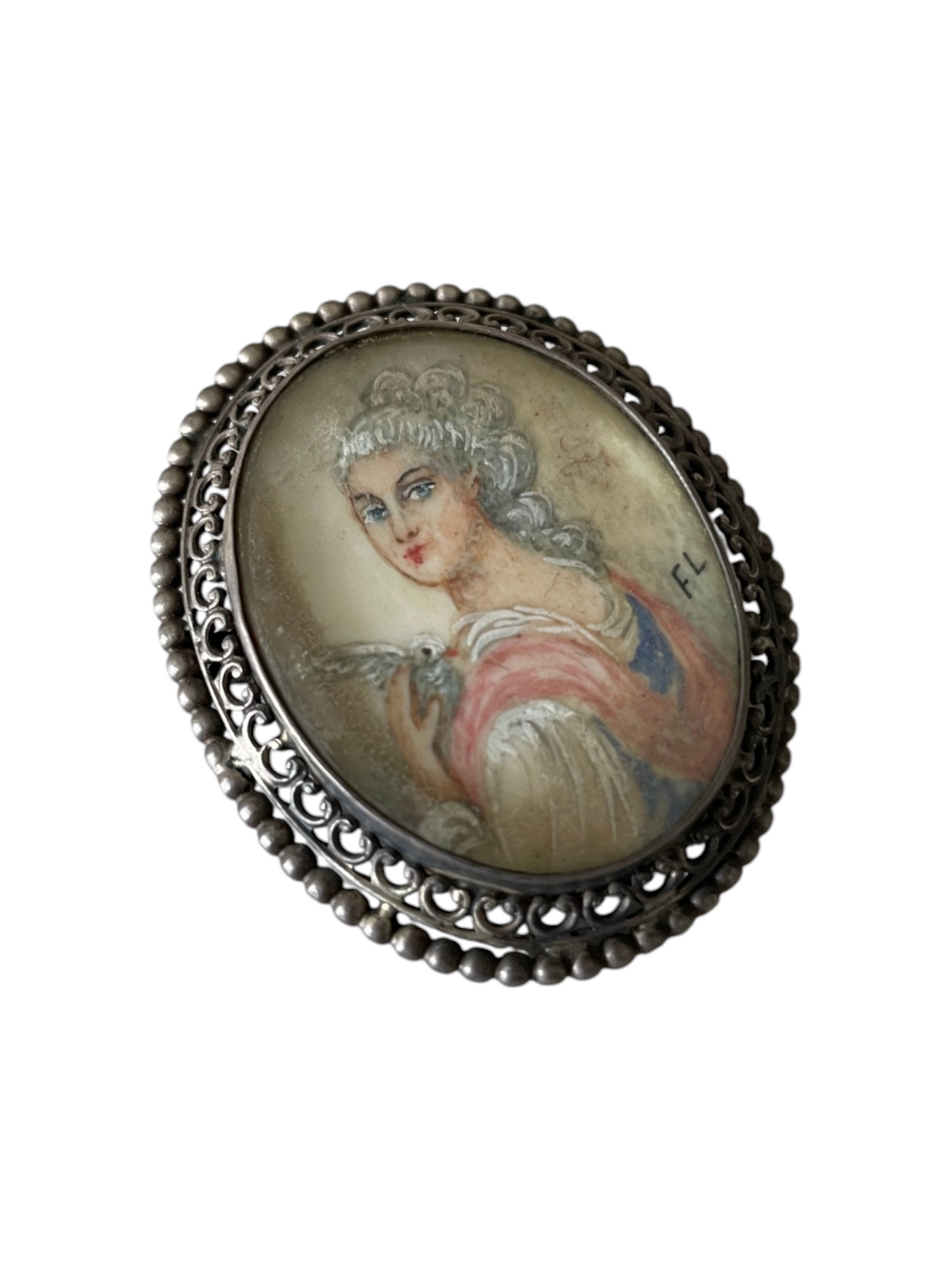 Antique 19th Century Hand-Painted Portrait Miniature Brooch